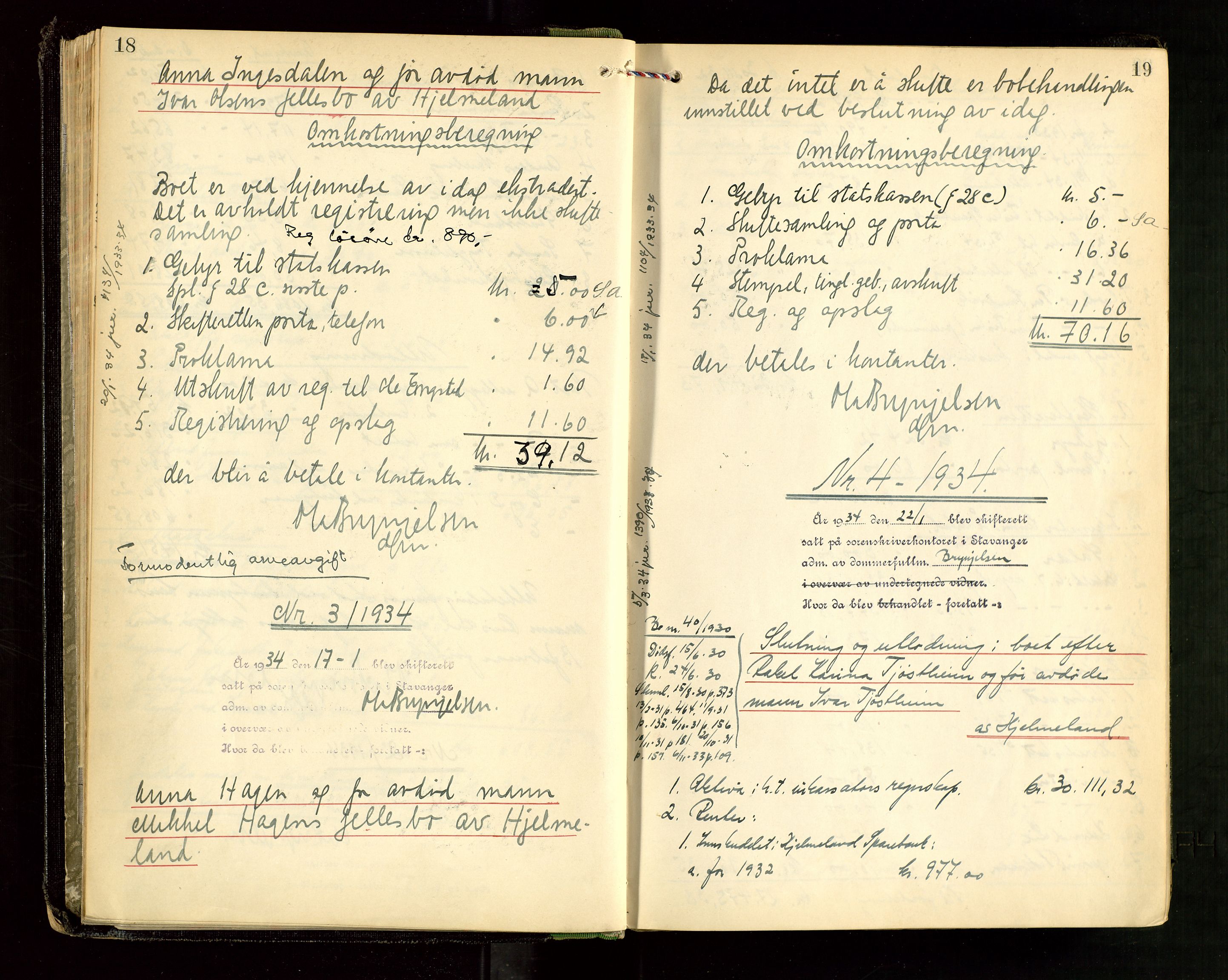 Ryfylke tingrett, AV/SAST-A-100055/001/IV/IVG/L0008: Skifteutlodningsprotokoll Med register, 1933-1939, s. 18-19