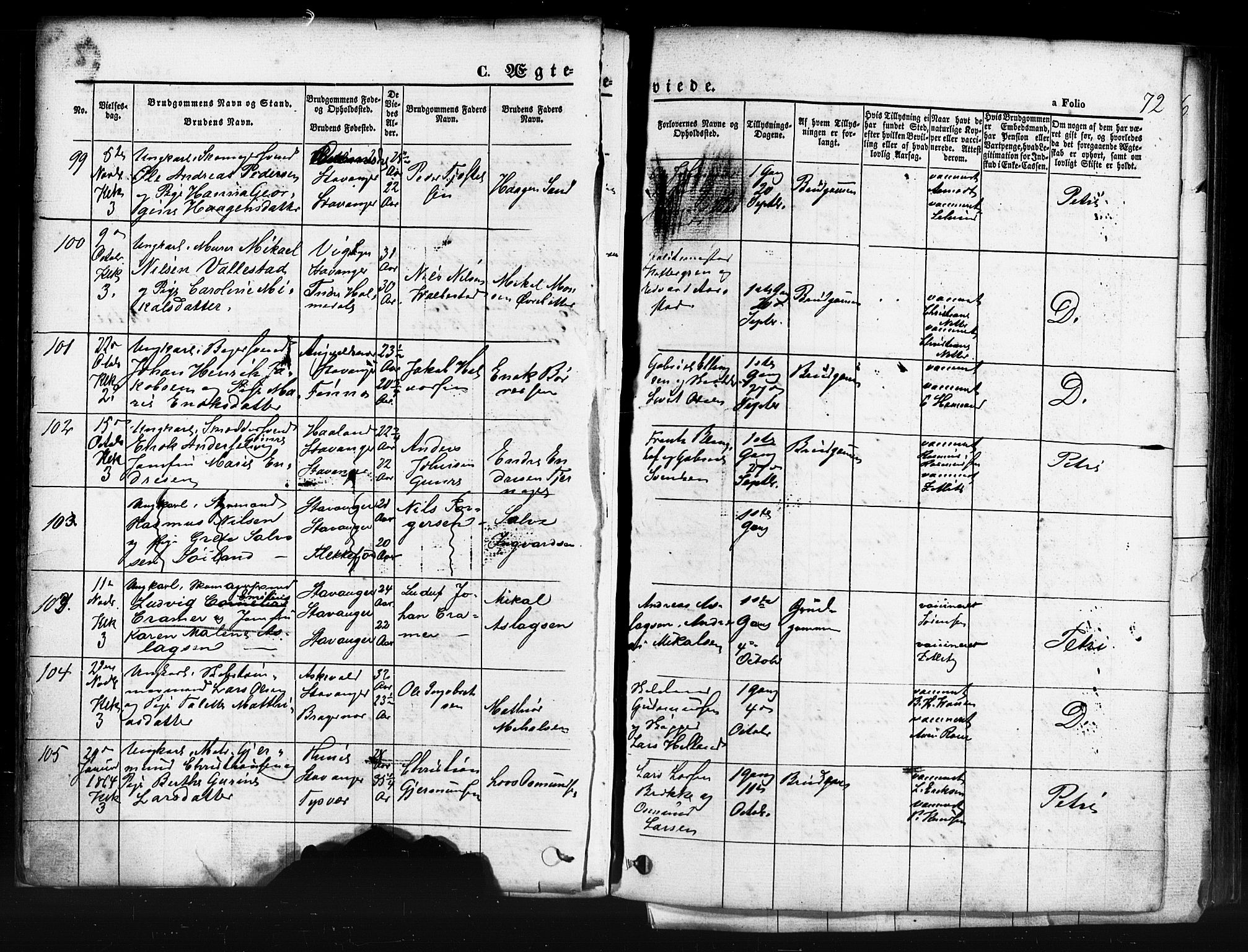 Domkirken sokneprestkontor, AV/SAST-A-101812/001/30/30BB/L0011: Klokkerbok nr. B 11, 1858-1876, s. 72