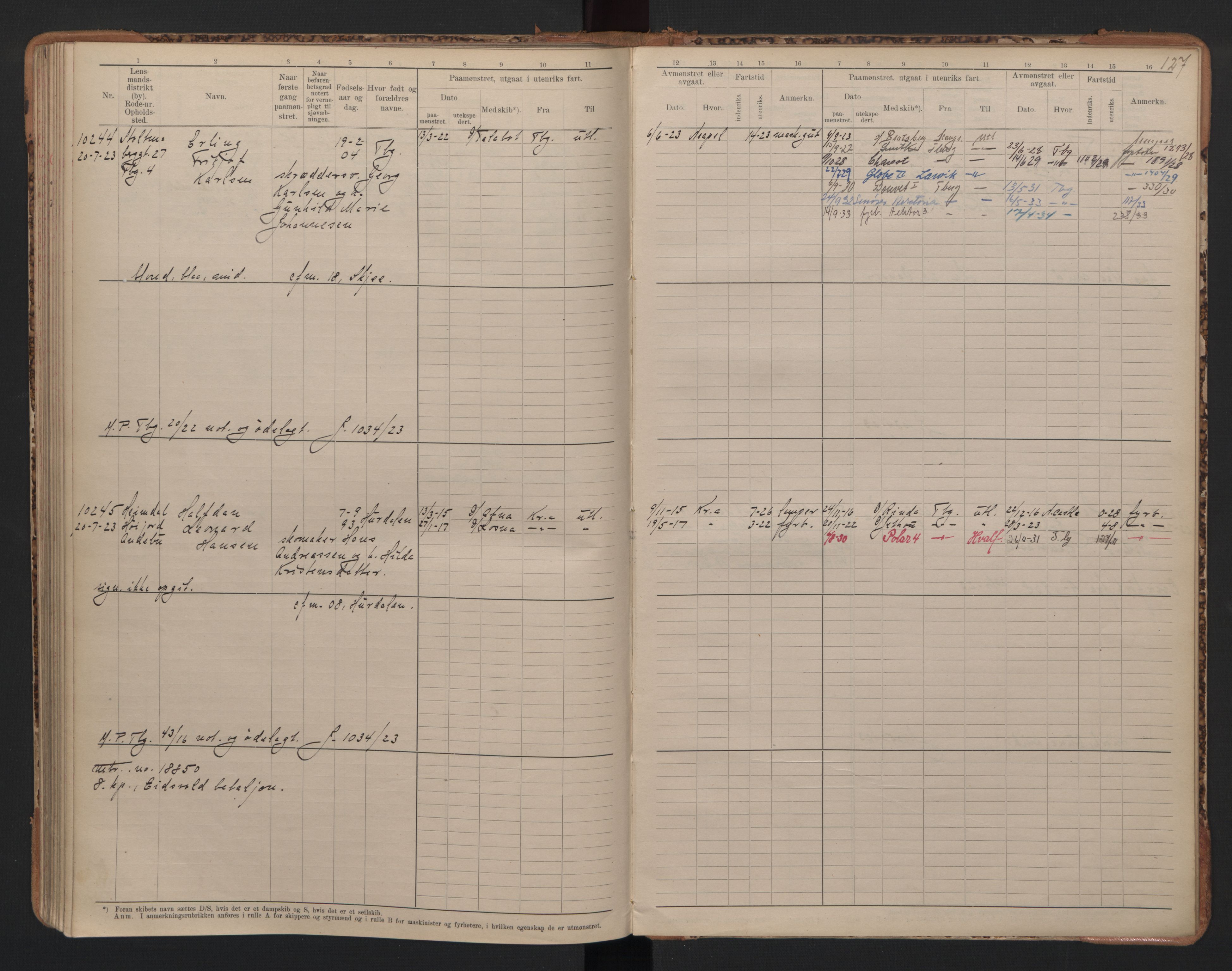 Tønsberg innrulleringskontor, AV/SAKO-A-786/F/Fc/Fcb/L0010: Hovedrulle Patent nr. 9993-1923, 1922-1923, s. 127