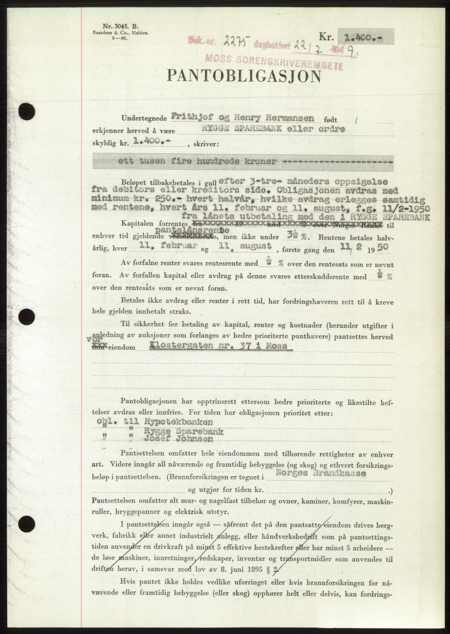 Moss sorenskriveri, SAO/A-10168: Pantebok nr. B22, 1949-1949, Dagboknr: 2275/1949