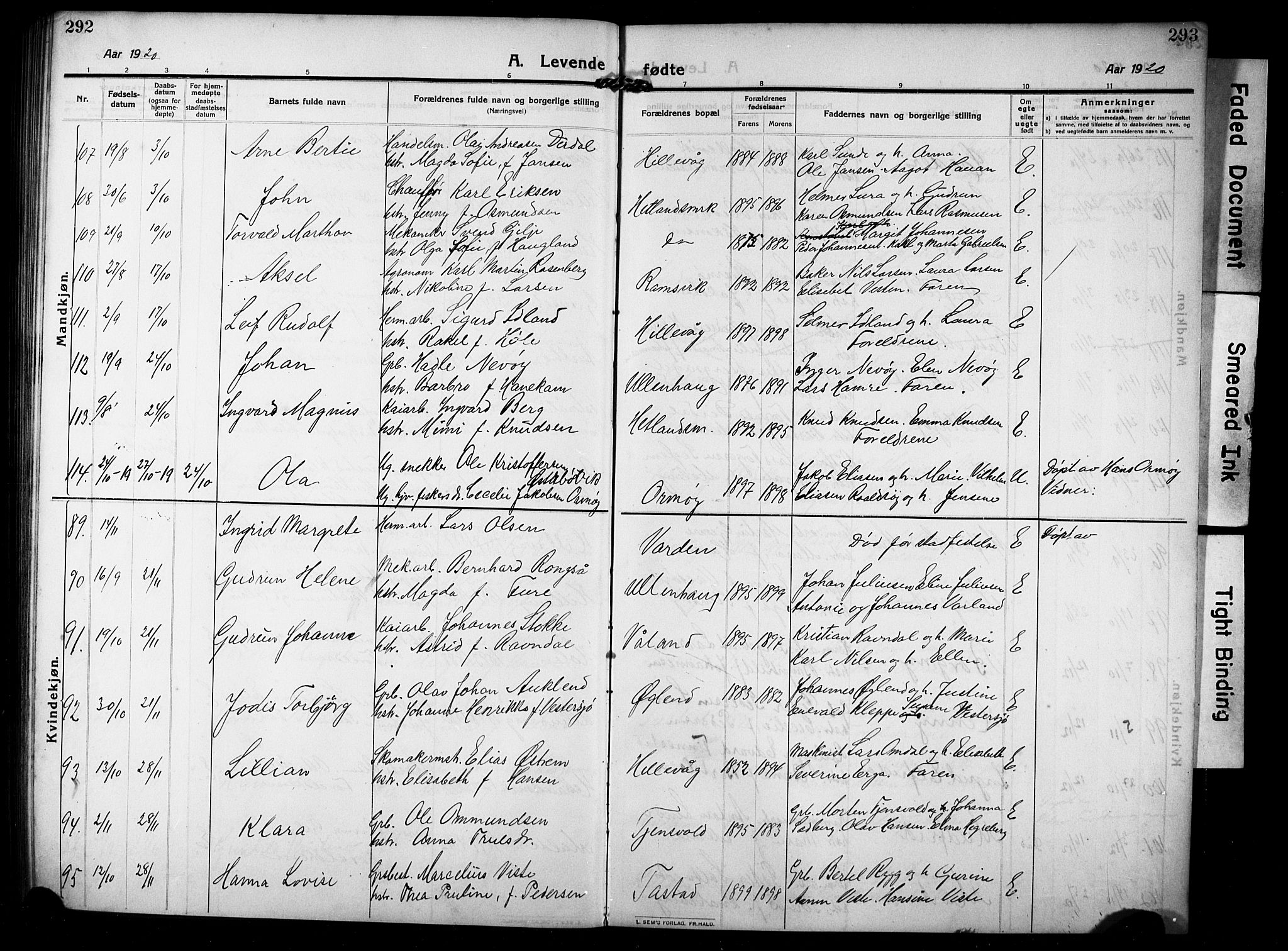 Hetland sokneprestkontor, AV/SAST-A-101826/30/30BB/L0008: Klokkerbok nr. B 8, 1910-1921, s. 292-293