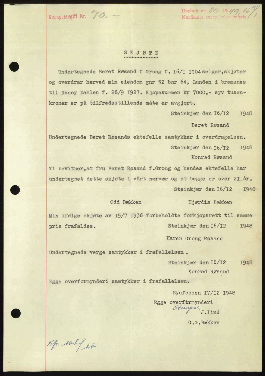 Nordmøre sorenskriveri, SAT/A-4132/1/2/2Ca: Pantebok nr. A110, 1948-1949, Dagboknr: 80/1949