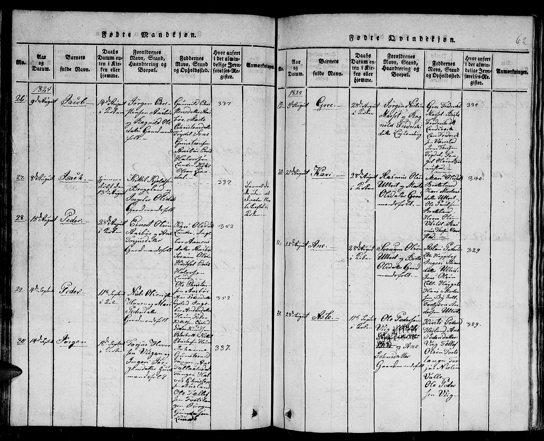 Gjerstad sokneprestkontor, AV/SAK-1111-0014/F/Fb/Fba/L0002: Klokkerbok nr. B 2, 1816-1845, s. 62