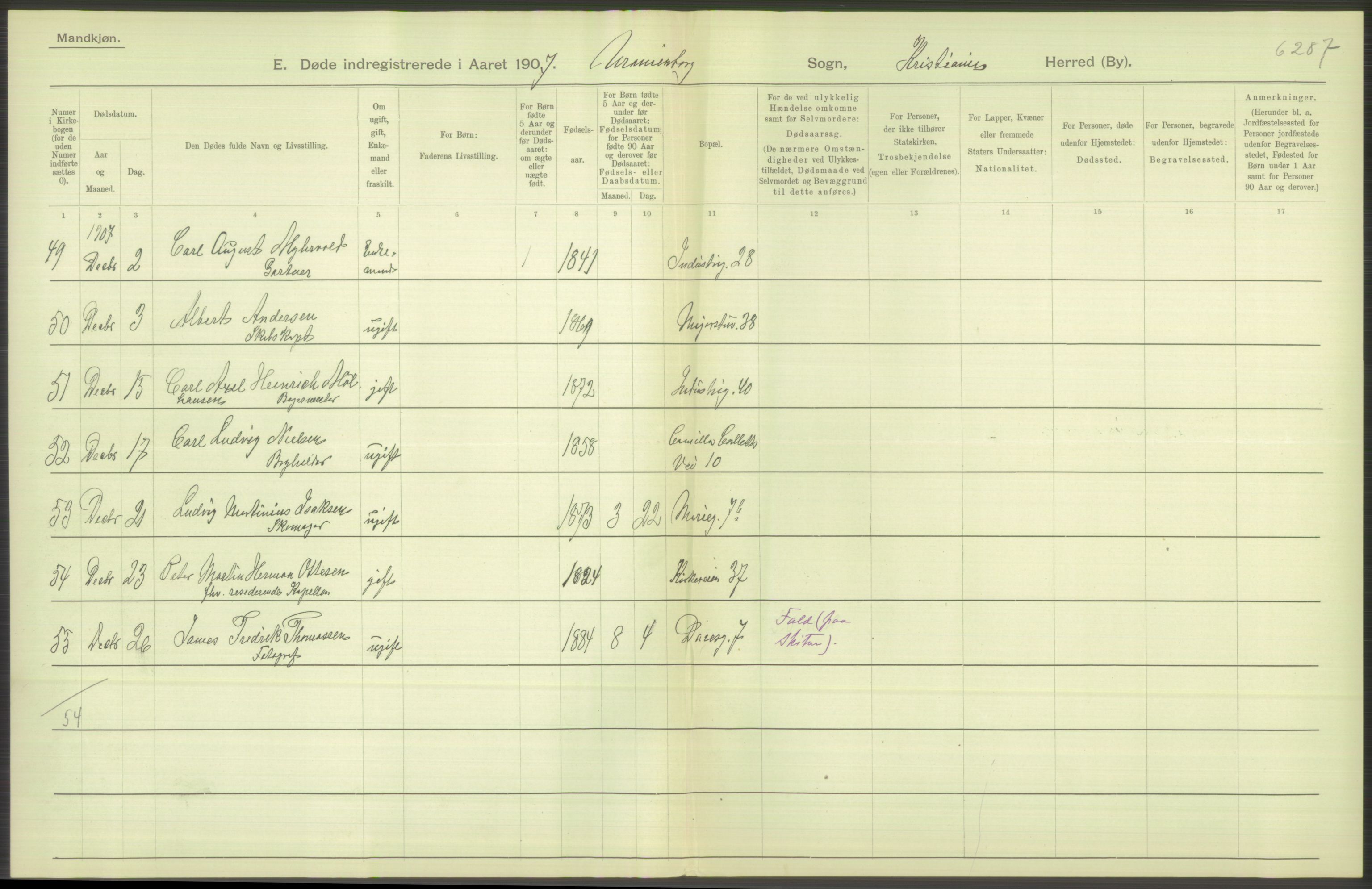 Statistisk sentralbyrå, Sosiodemografiske emner, Befolkning, AV/RA-S-2228/D/Df/Dfa/Dfae/L0010: Kristiania: Døde, dødfødte, 1907, s. 492