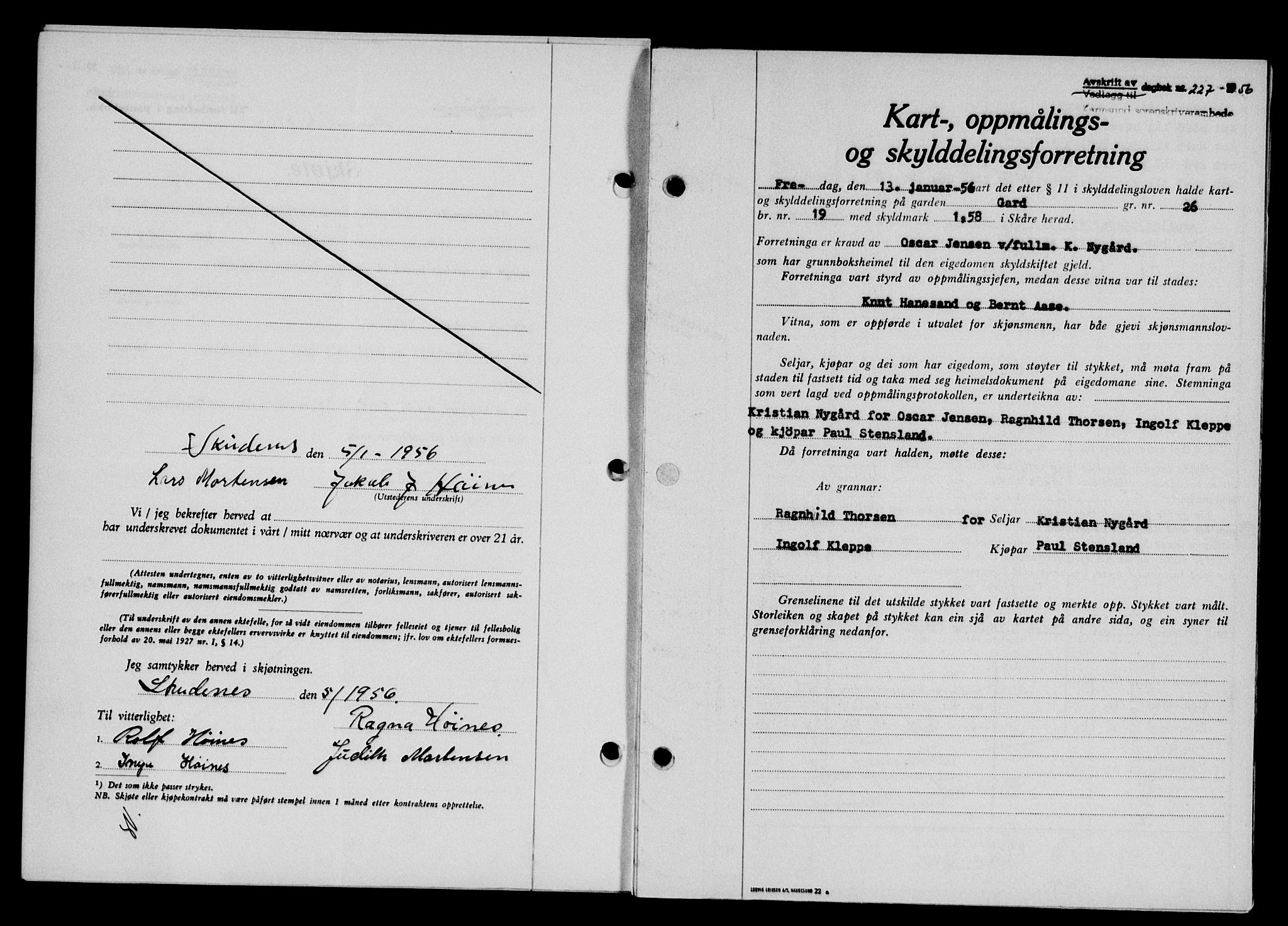 Karmsund sorenskriveri, SAST/A-100311/01/II/IIB/L0118: Pantebok nr. 98A, 1955-1956, Dagboknr: 227/1956