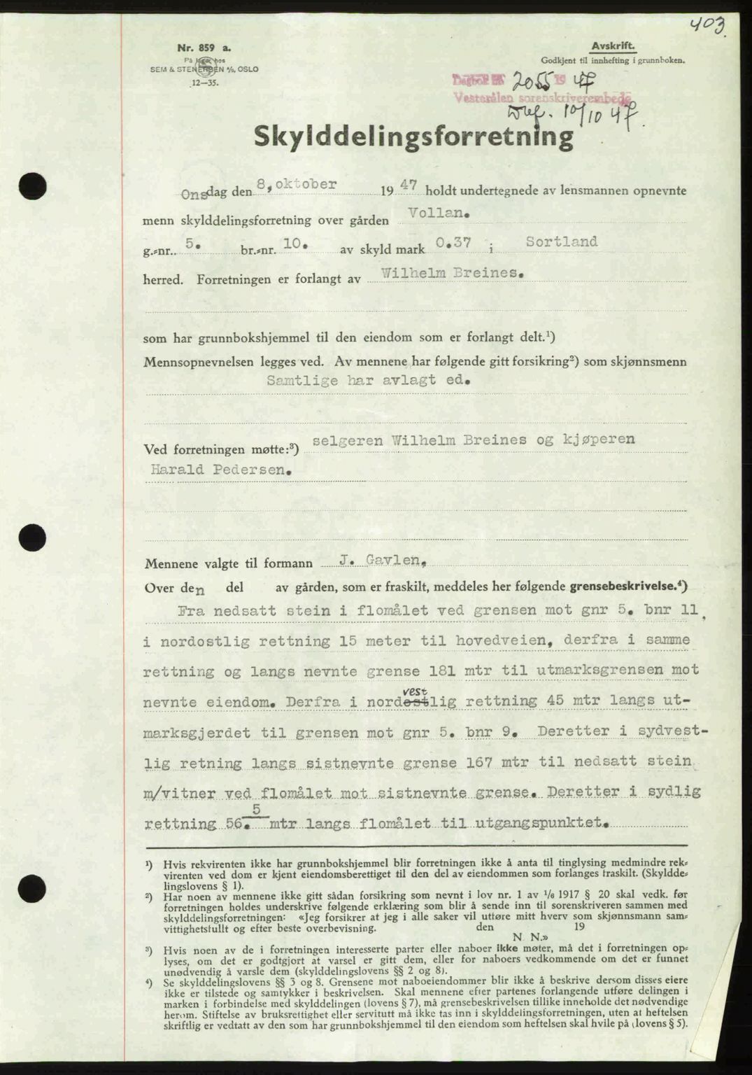 Vesterålen sorenskriveri, SAT/A-4180/1/2/2Ca: Pantebok nr. A21, 1947-1947, Dagboknr: 2055/1947