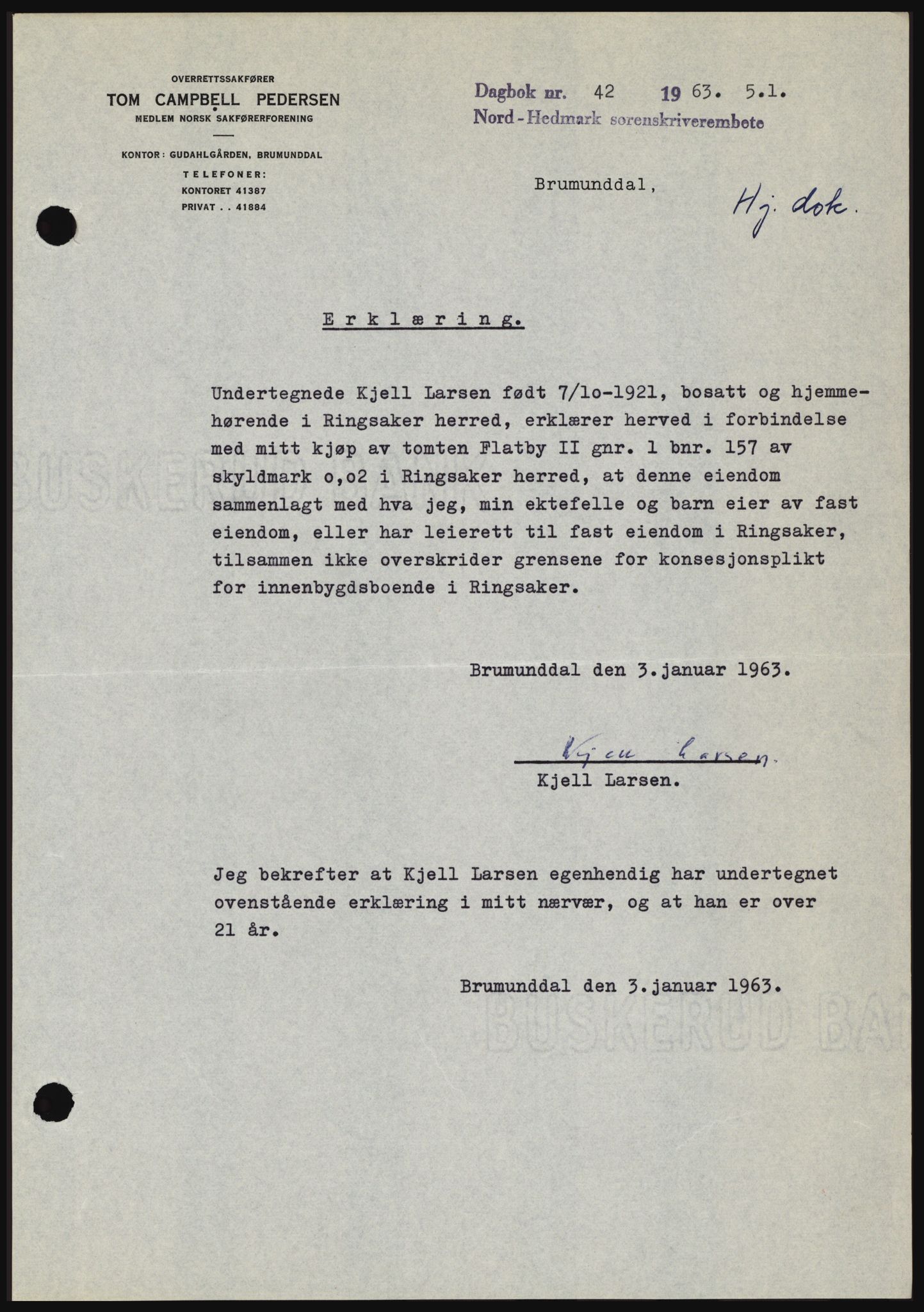 Nord-Hedmark sorenskriveri, SAH/TING-012/H/Hc/L0017: Pantebok nr. 17, 1962-1963, Dagboknr: 42/1963