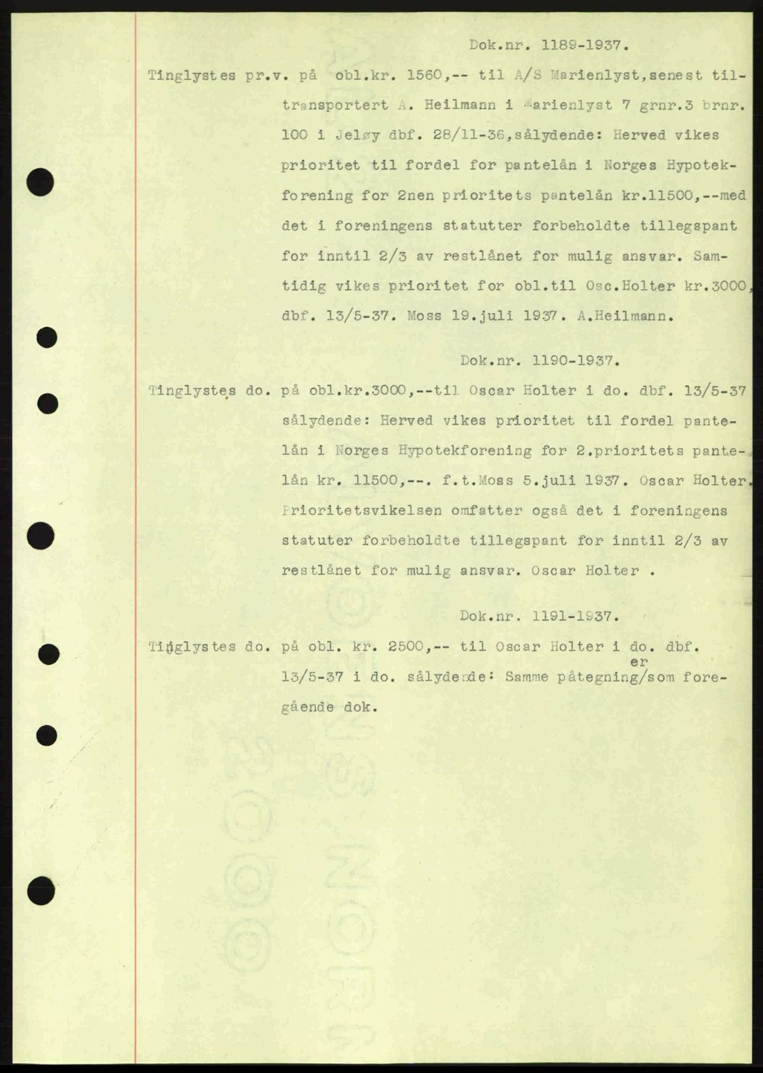 Moss sorenskriveri, SAO/A-10168: Pantebok nr. B3, 1937-1937, Dagboknr: 1189/1937