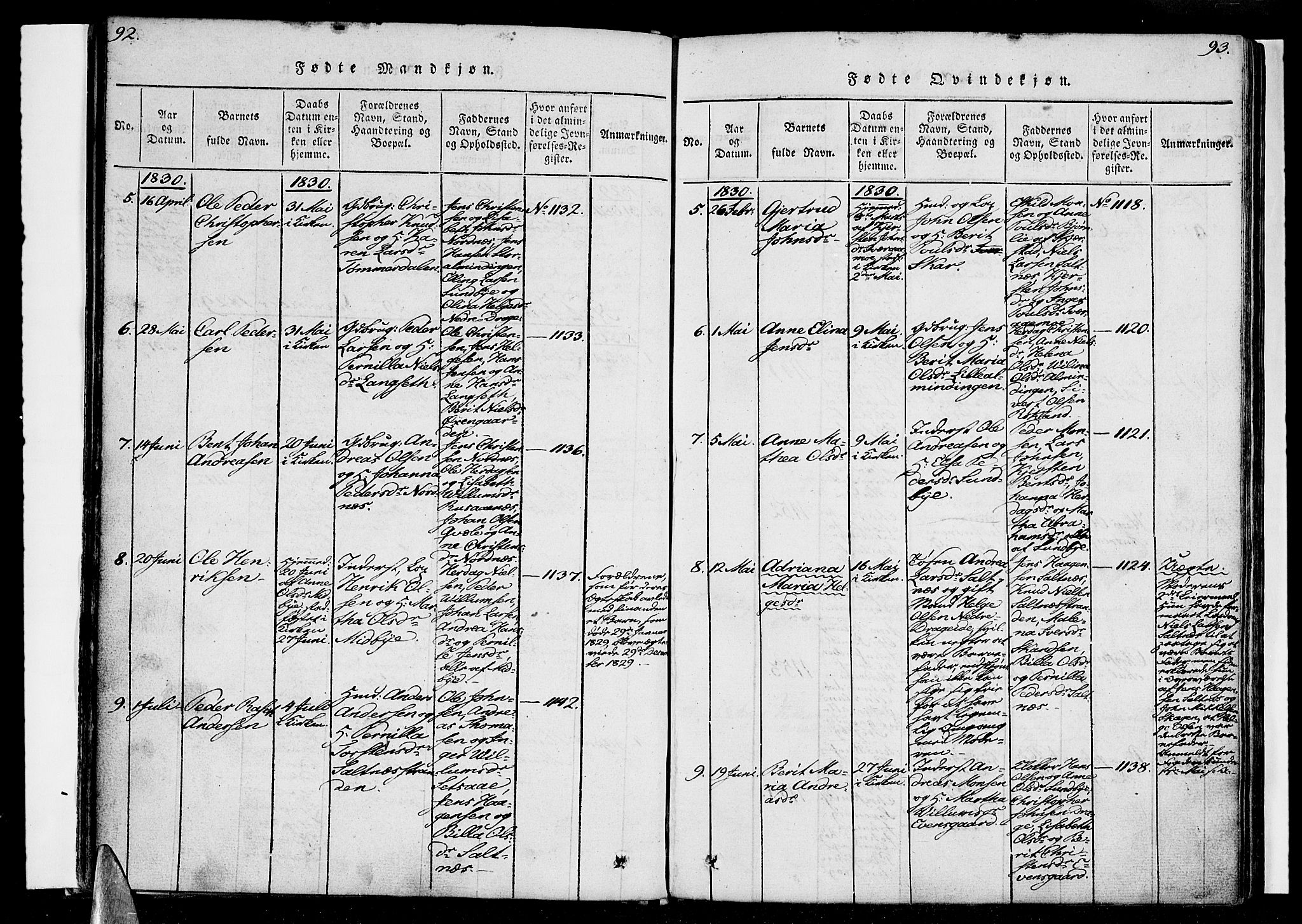 Ministerialprotokoller, klokkerbøker og fødselsregistre - Nordland, SAT/A-1459/847/L0665: Ministerialbok nr. 847A05, 1818-1841, s. 92-93