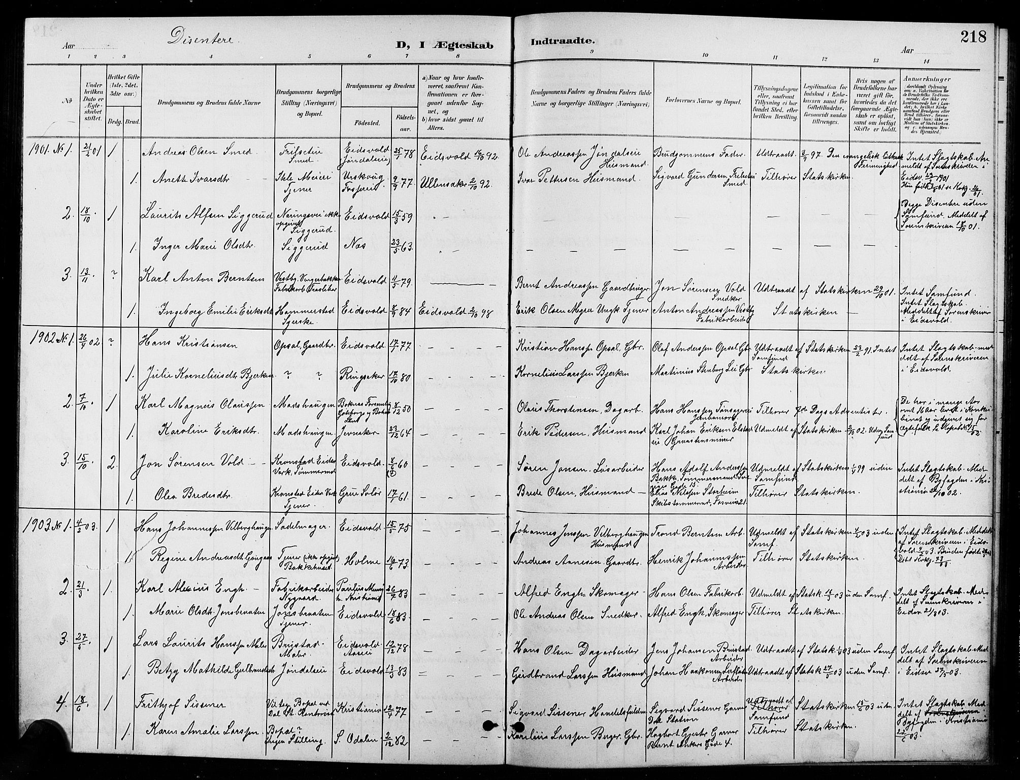 Eidsvoll prestekontor Kirkebøker, AV/SAO-A-10888/G/Ga/L0007: Klokkerbok nr. I 7, 1901-1909, s. 218