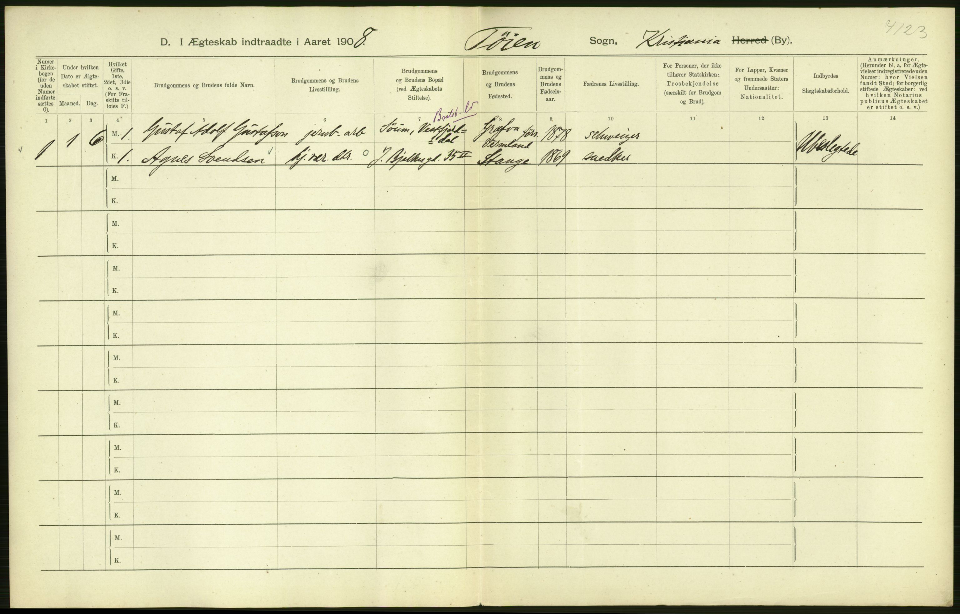 Statistisk sentralbyrå, Sosiodemografiske emner, Befolkning, AV/RA-S-2228/D/Df/Dfa/Dfaf/L0007: Kristiania: Gifte, 1908, s. 72