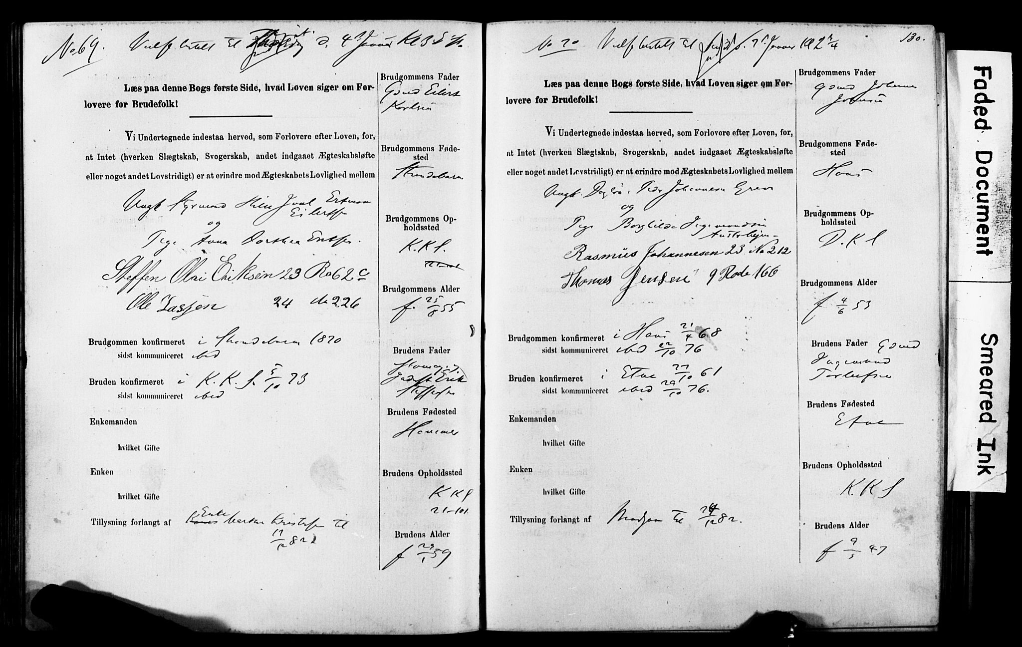 Korskirken sokneprestembete, SAB/A-76101: Forlovererklæringer nr. II.5.5, 1878-1889, s. 130