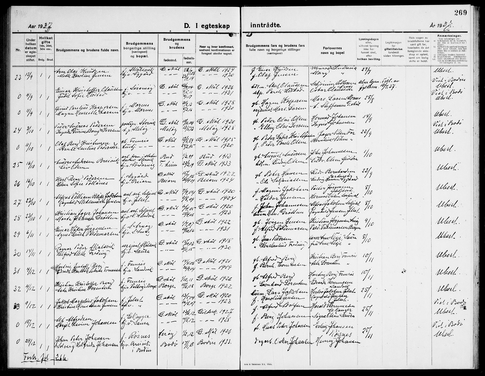 Ministerialprotokoller, klokkerbøker og fødselsregistre - Nordland, AV/SAT-A-1459/805/L0111: Klokkerbok nr. 805C07, 1925-1943, s. 269