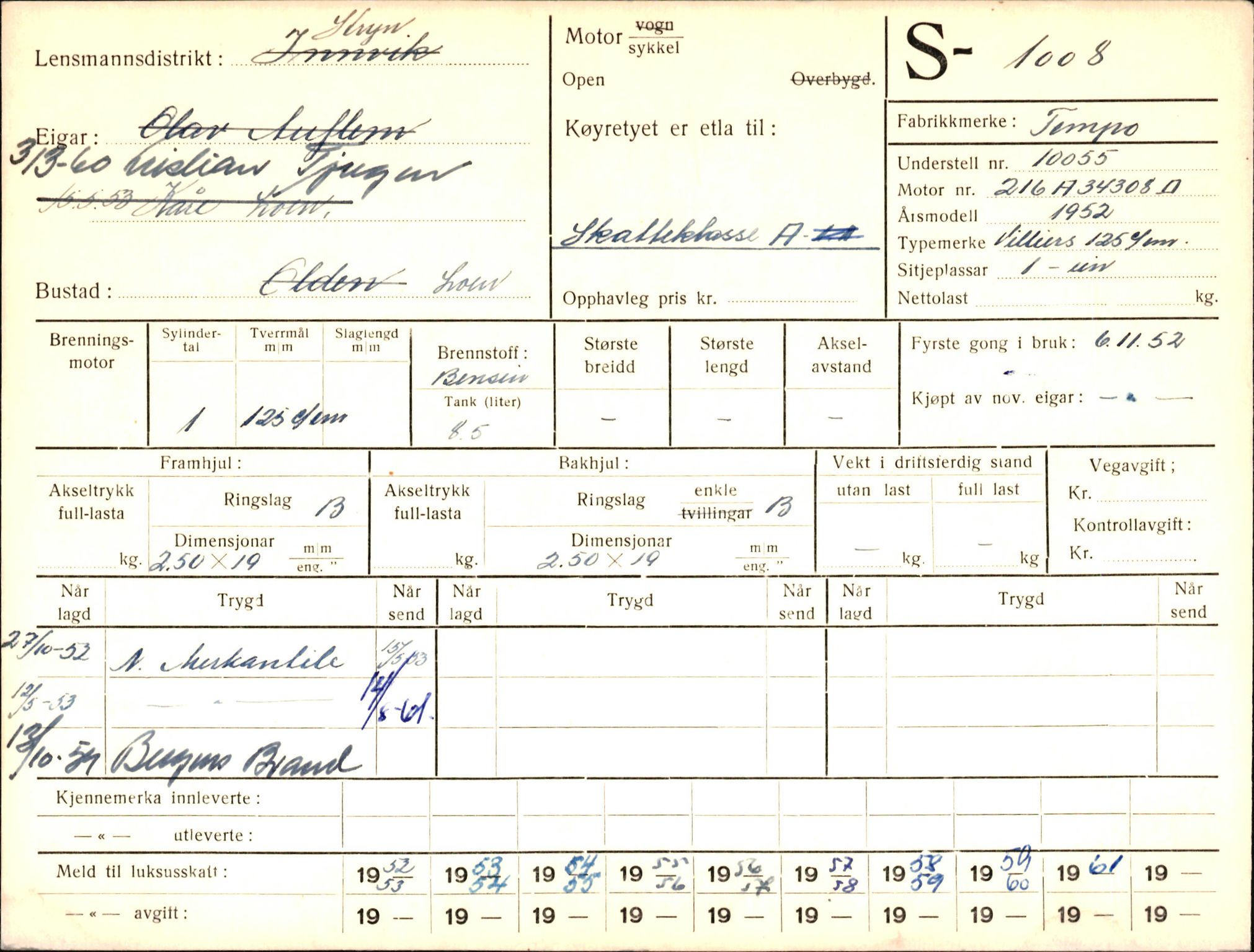 Statens vegvesen, Sogn og Fjordane vegkontor, AV/SAB-A-5301/4/F/L0003: Registerkort utmeldte Fjordane S1000-2499, 1930-1961, s. 13