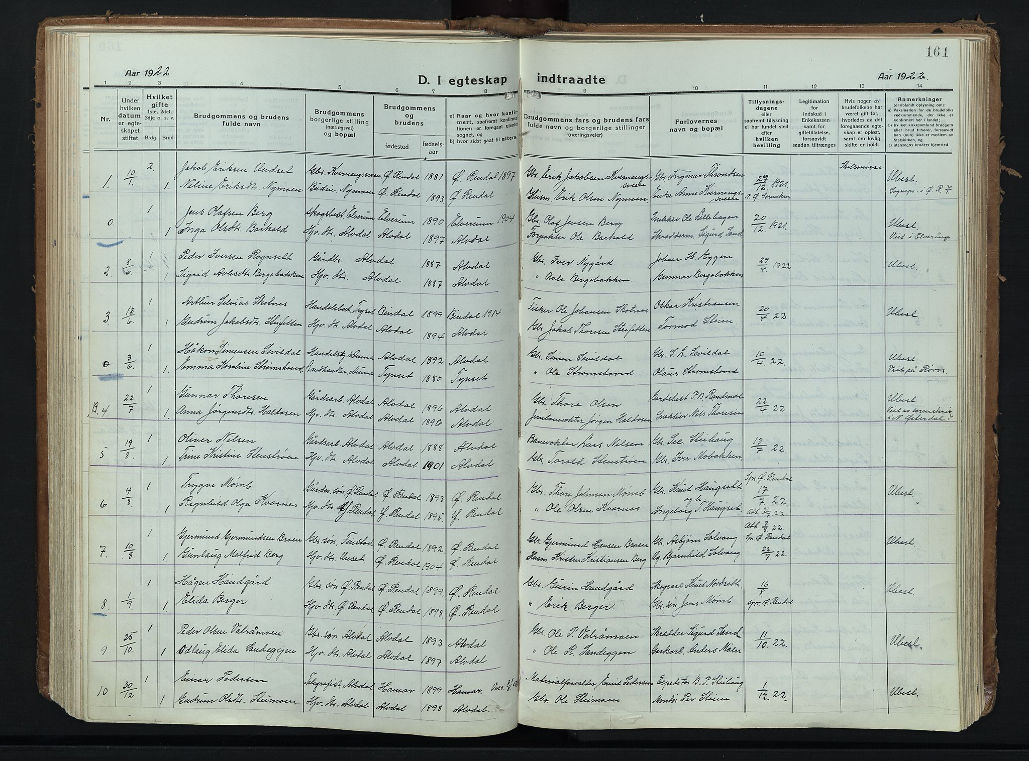 Alvdal prestekontor, AV/SAH-PREST-060/H/Ha/Haa/L0006: Ministerialbok nr. 6, 1920-1937, s. 161