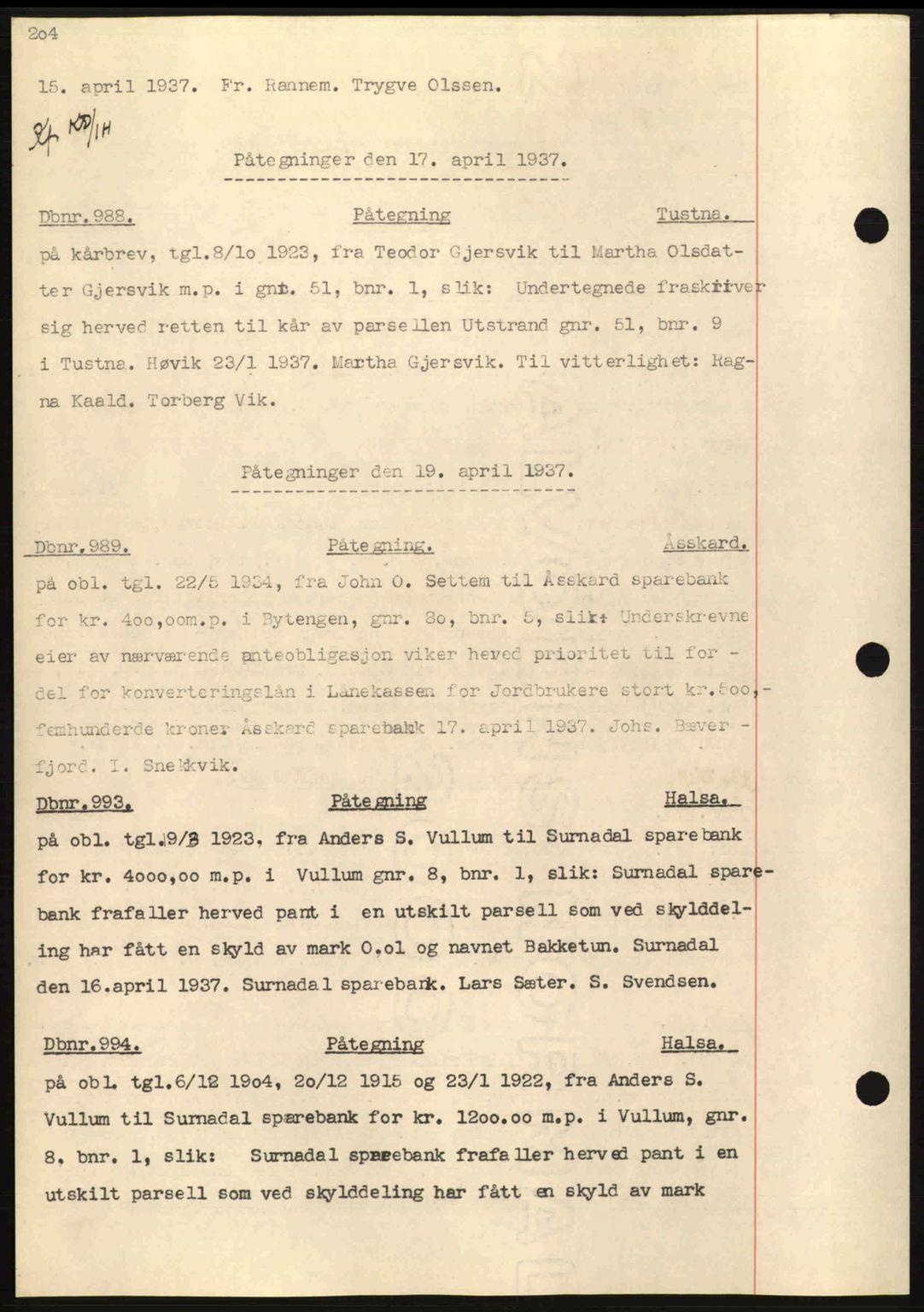 Nordmøre sorenskriveri, SAT/A-4132/1/2/2Ca: Pantebok nr. C80, 1936-1939, Dagboknr: 988/1937