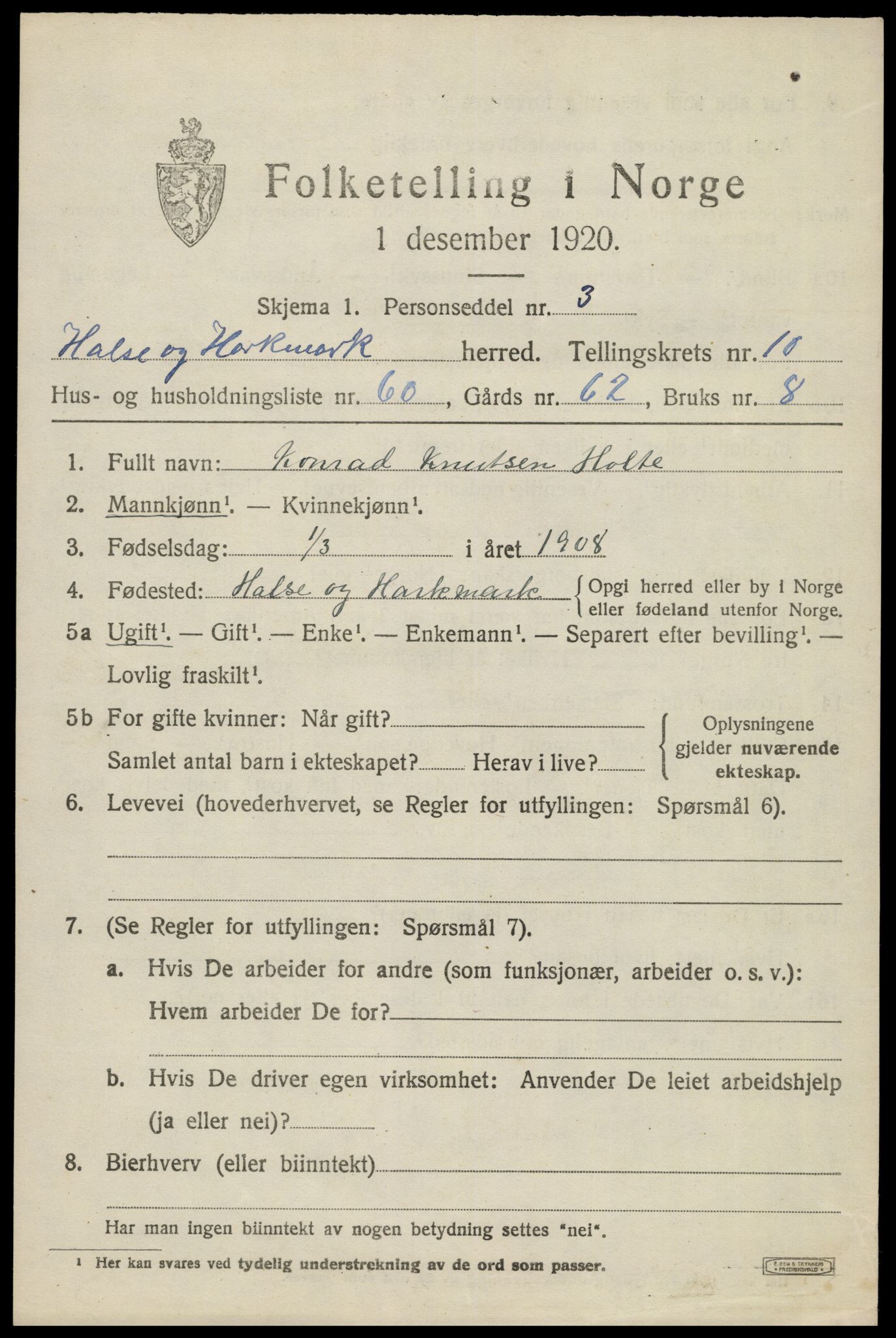 SAK, Folketelling 1920 for 1019 Halse og Harkmark herred, 1920, s. 6161