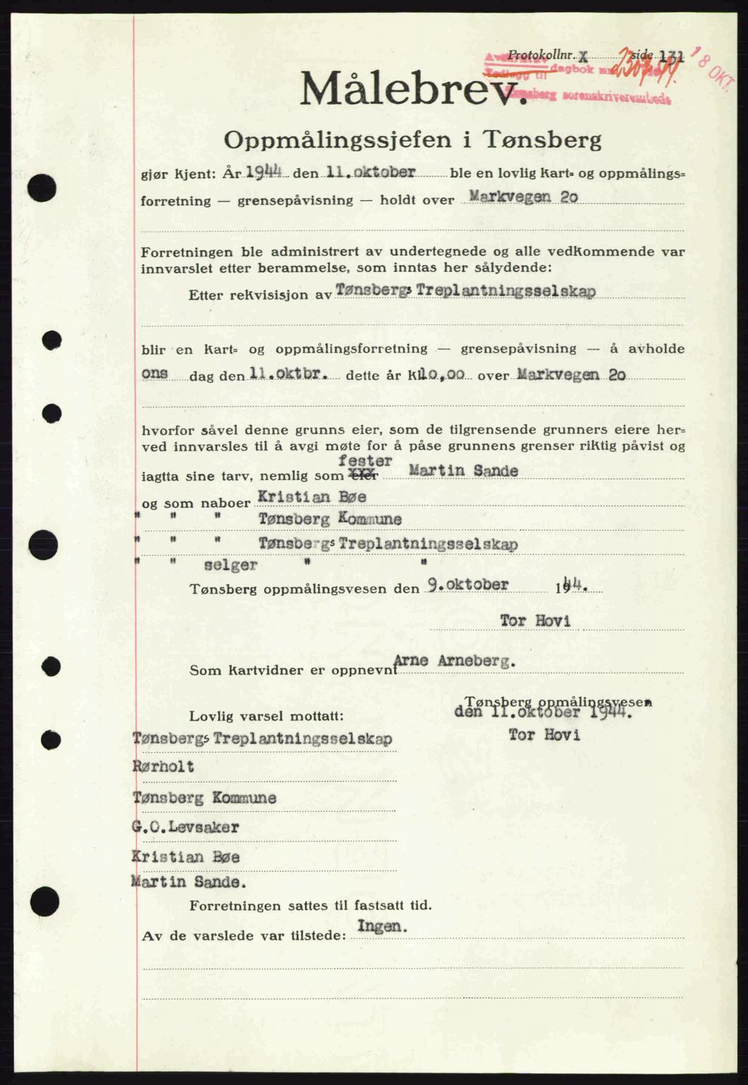 Tønsberg sorenskriveri, AV/SAKO-A-130/G/Ga/Gaa/L0016: Pantebok nr. A16, 1944-1945, Dagboknr: 2307/1944