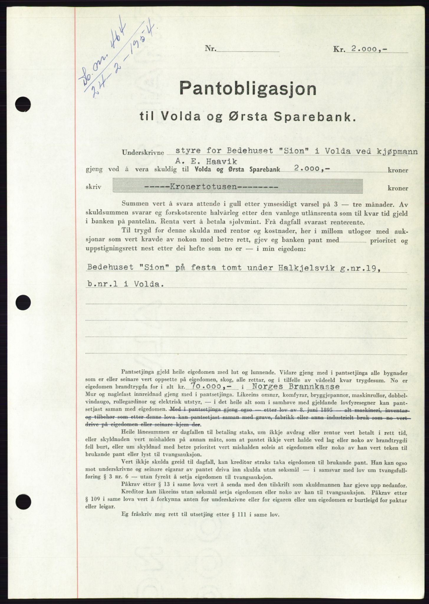 Søre Sunnmøre sorenskriveri, AV/SAT-A-4122/1/2/2C/L0124: Pantebok nr. 12B, 1953-1954, Dagboknr: 464/1954