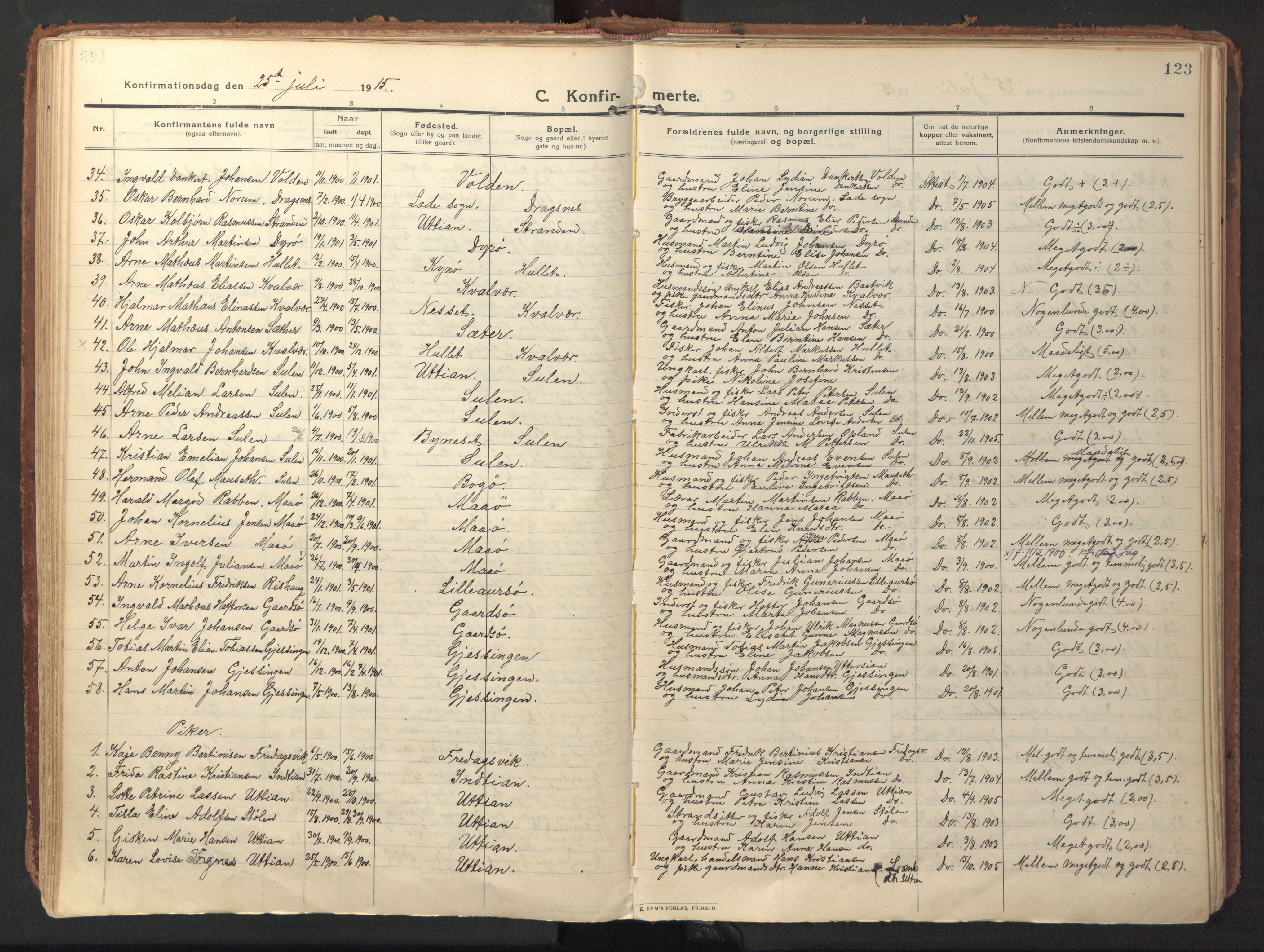 Ministerialprotokoller, klokkerbøker og fødselsregistre - Sør-Trøndelag, AV/SAT-A-1456/640/L0581: Ministerialbok nr. 640A06, 1910-1924, s. 123
