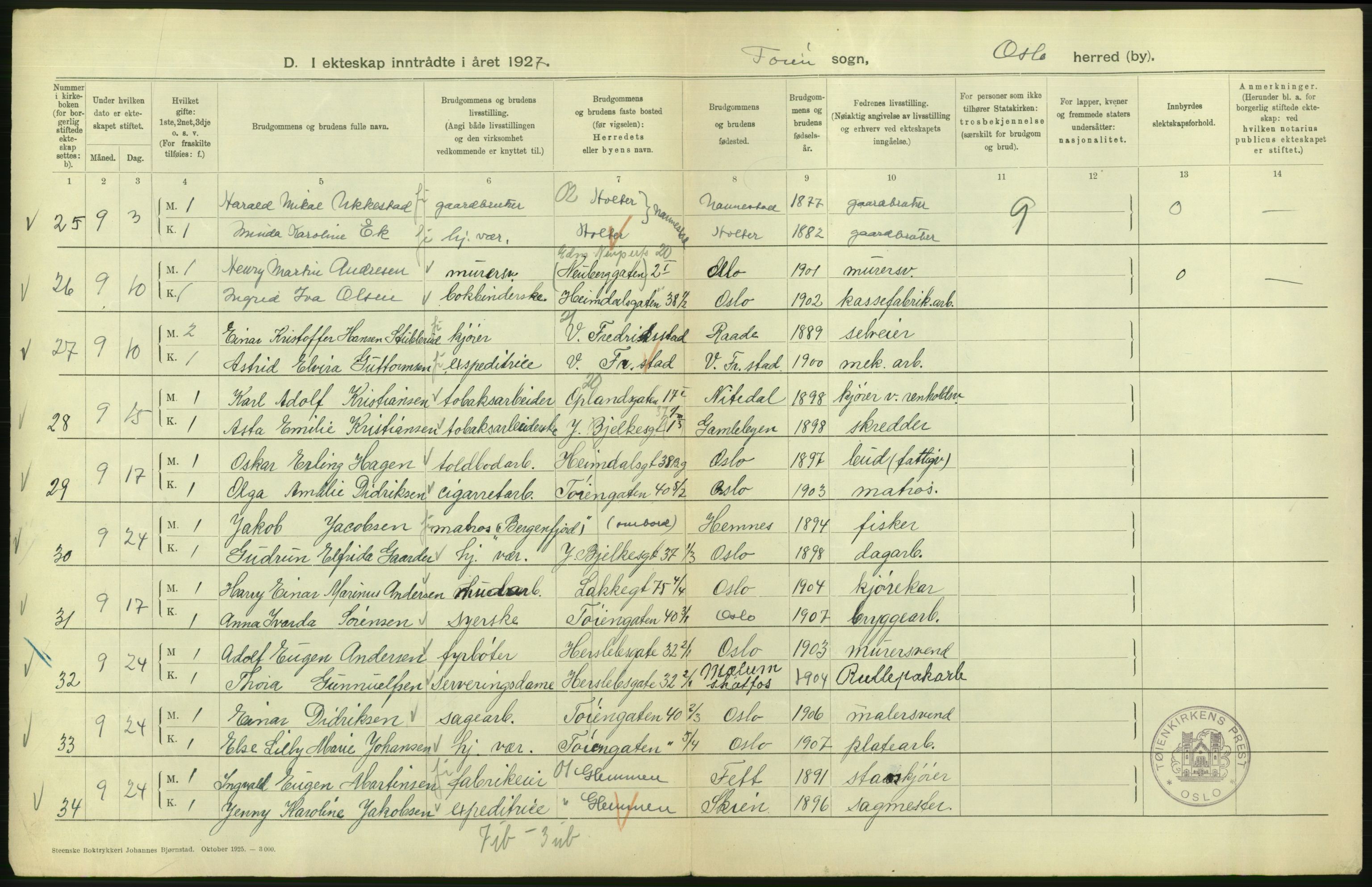 Statistisk sentralbyrå, Sosiodemografiske emner, Befolkning, AV/RA-S-2228/D/Df/Dfc/Dfcg/L0008: Oslo: Gifte, 1927, s. 710