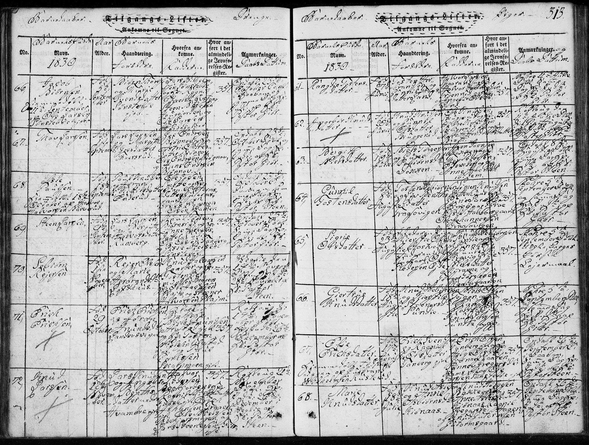 Rollag kirkebøker, AV/SAKO-A-240/G/Ga/L0001: Klokkerbok nr. I 1, 1814-1831, s. 313