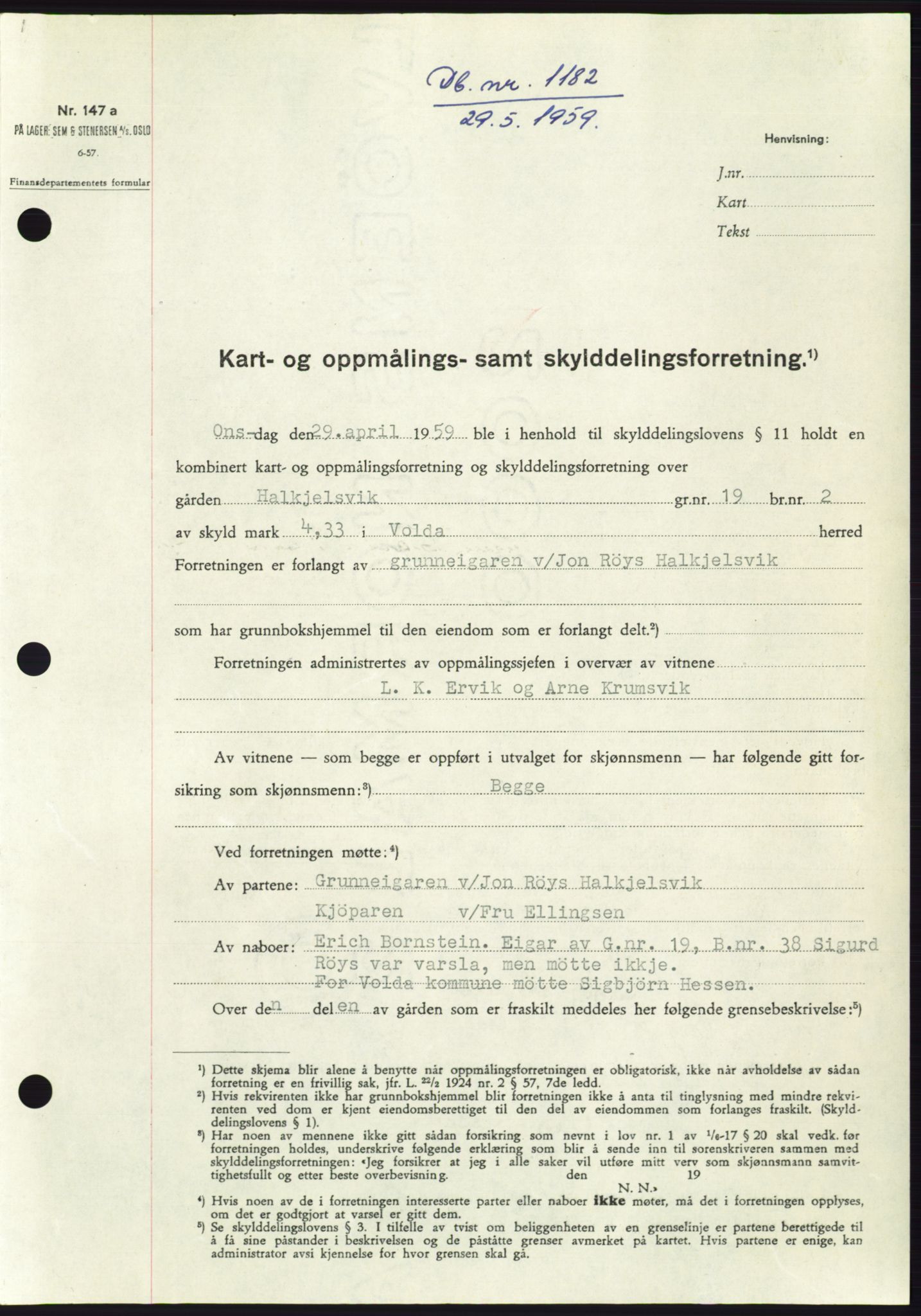 Søre Sunnmøre sorenskriveri, SAT/A-4122/1/2/2C/L0112: Pantebok nr. 38A, 1959-1959, Dagboknr: 1182/1959