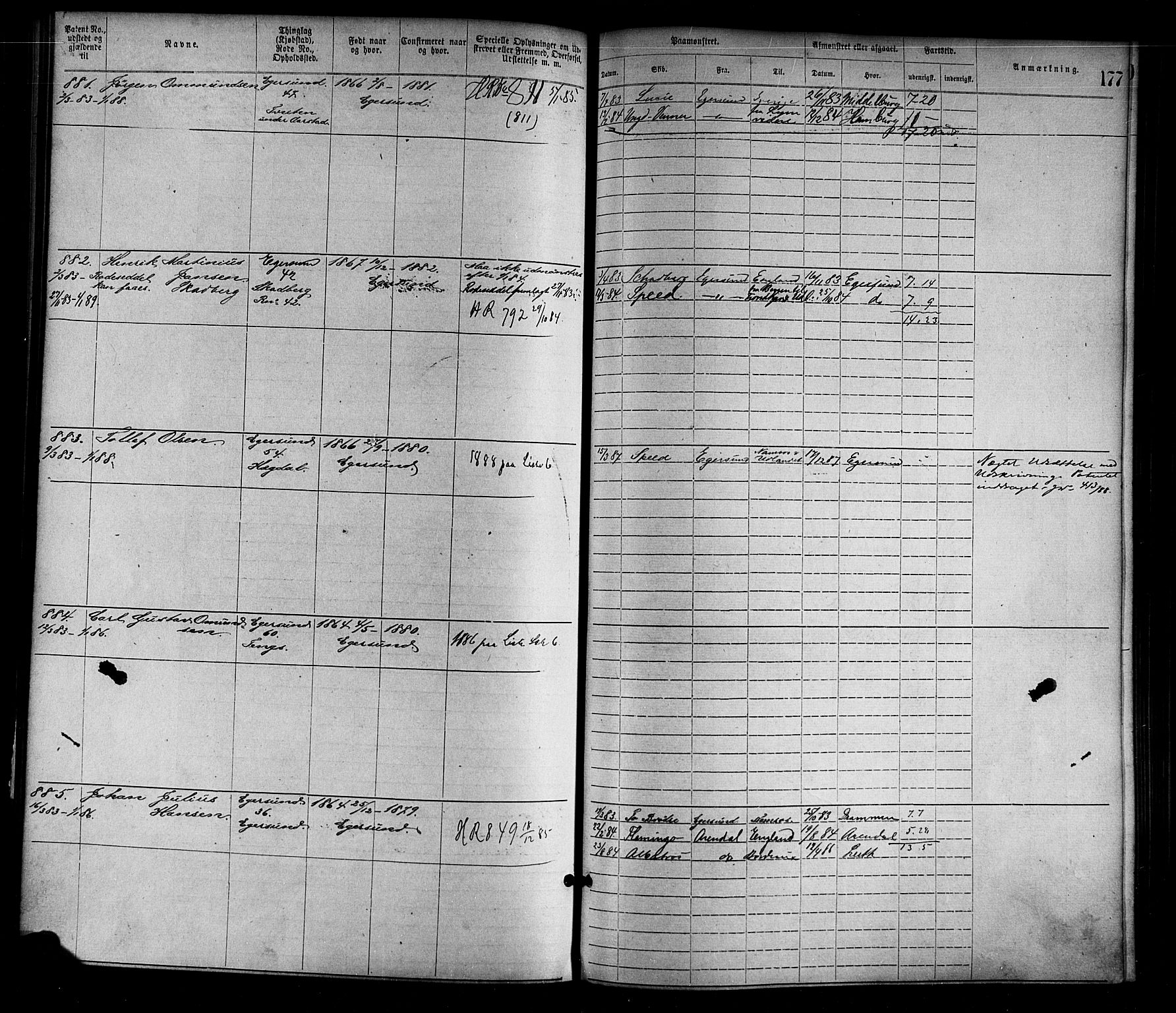 Egersund mønstringskrets, SAK/2031-0019/F/Fa/L0001: Annotasjonsrulle nr 1-1440 med register, O-1, 1869-1895, s. 199