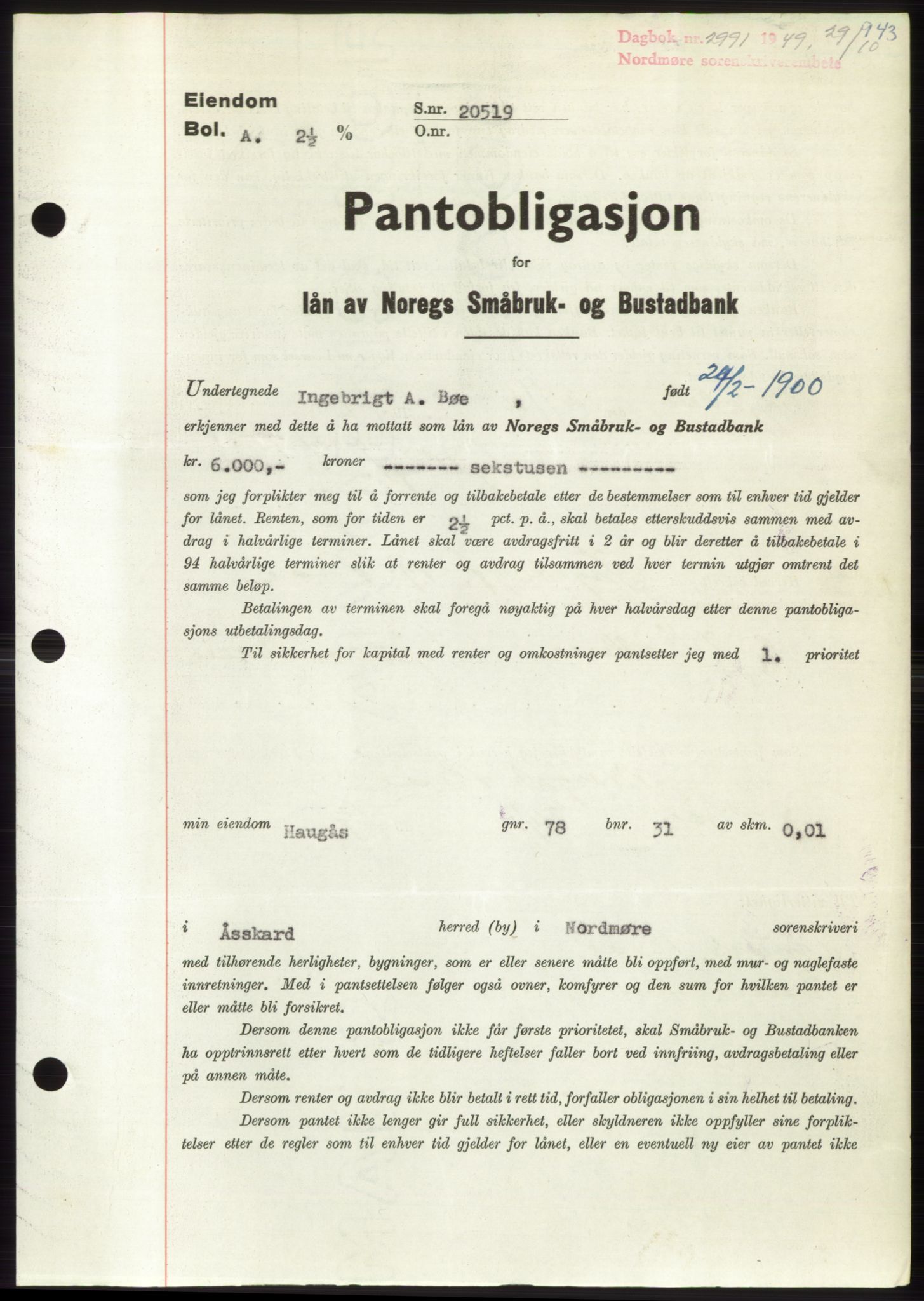 Nordmøre sorenskriveri, SAT/A-4132/1/2/2Ca: Pantebok nr. B102, 1949-1949, Dagboknr: 2991/1949