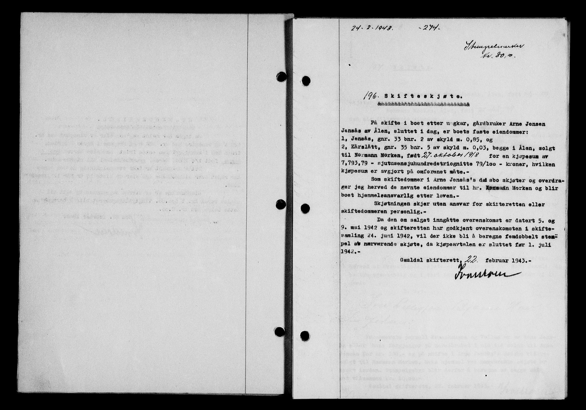Gauldal sorenskriveri, SAT/A-0014/1/2/2C/L0056: Pantebok nr. 61, 1942-1943, Dagboknr: 196/1943