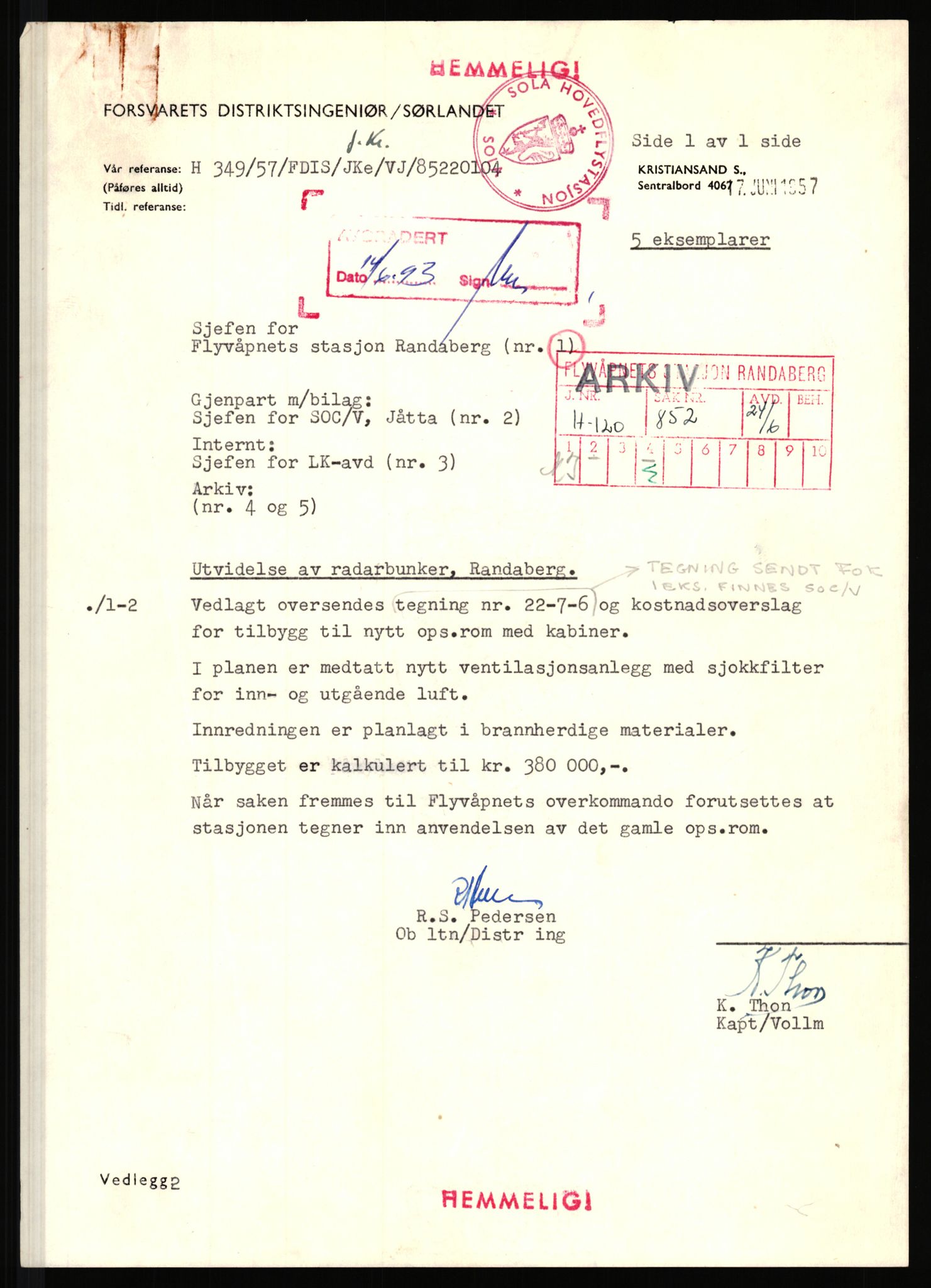 Forsvaret, Luftforsvarets stasjon Randaberg, AV/RA-RAFA-2928/D/Da/L0013/0004: -- / kl 852 Varslings- og trafikkanlegg (gradert), 1953-1957