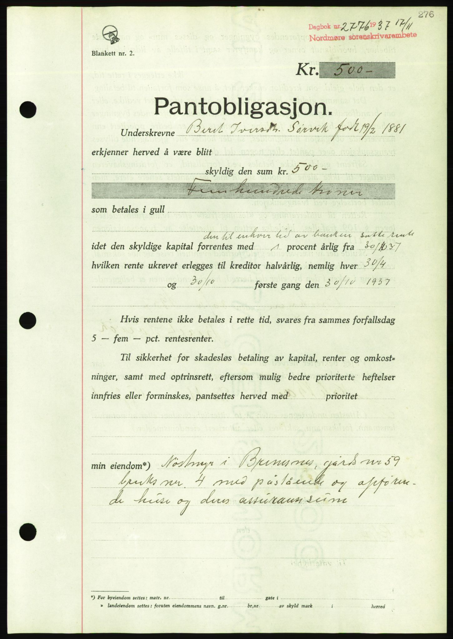 Nordmøre sorenskriveri, AV/SAT-A-4132/1/2/2Ca/L0092: Pantebok nr. B82, 1937-1938, Dagboknr: 2776/1937