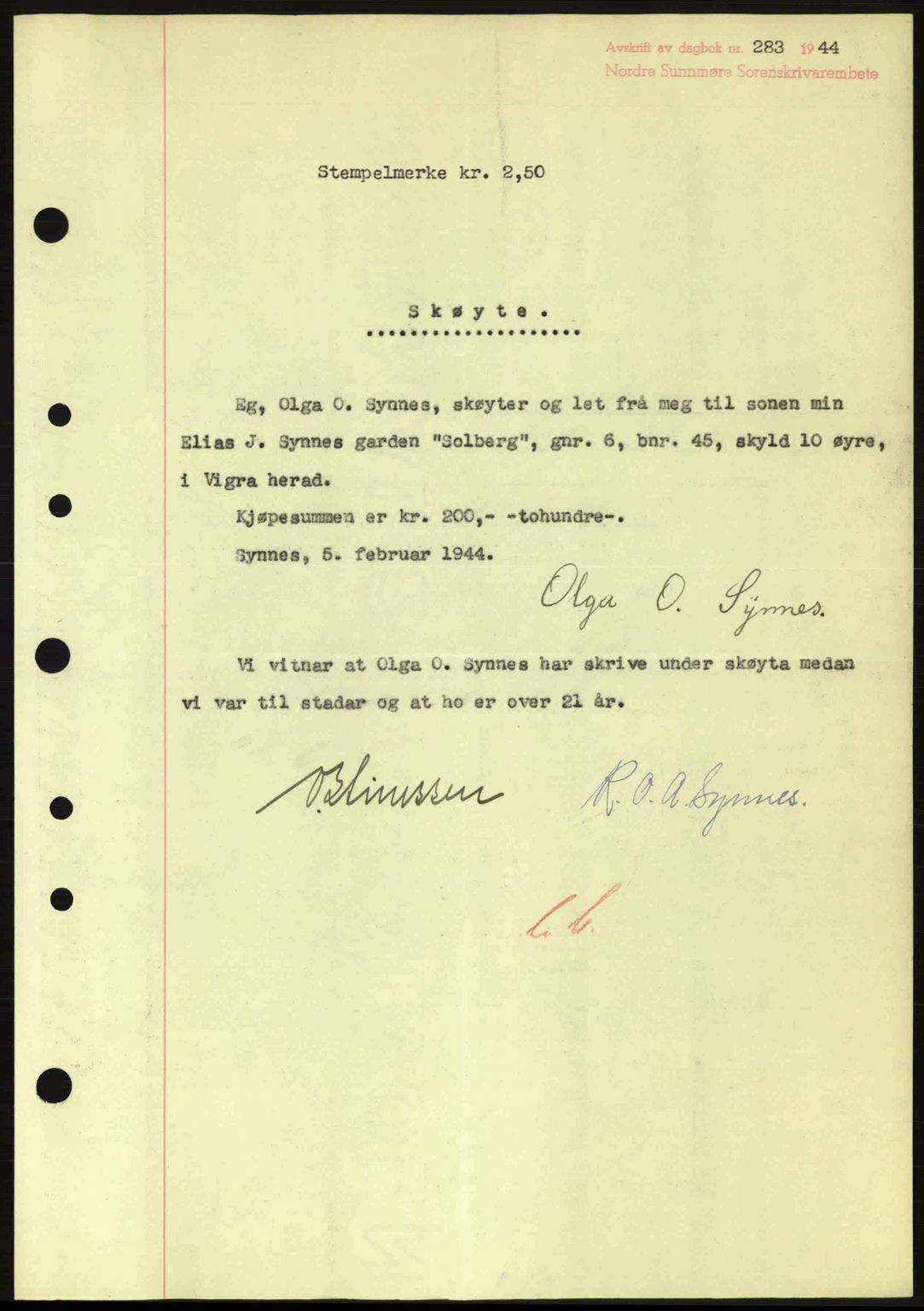 Nordre Sunnmøre sorenskriveri, AV/SAT-A-0006/1/2/2C/2Ca: Pantebok nr. A17, 1943-1944, Dagboknr: 283/1944