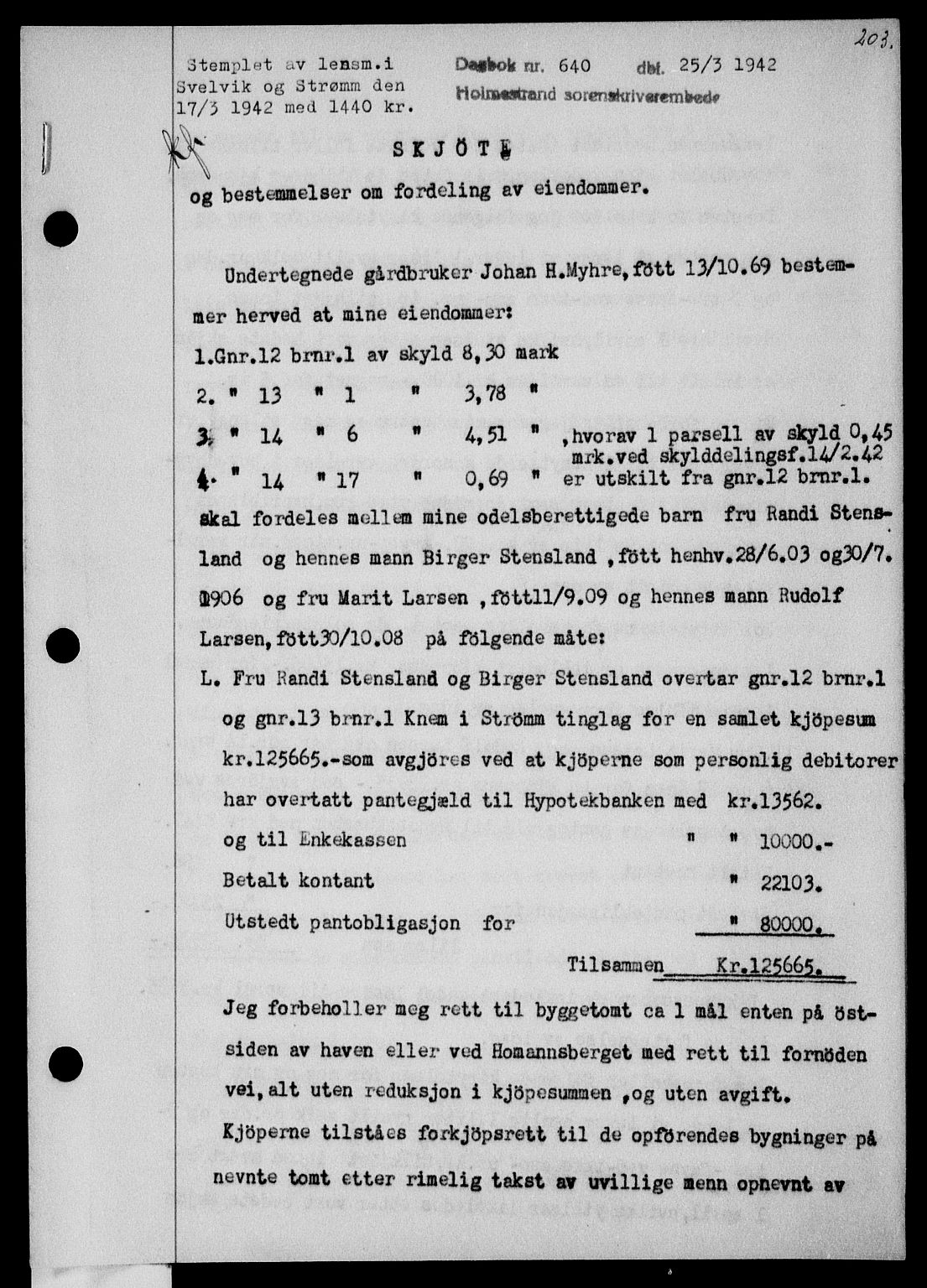 Holmestrand sorenskriveri, SAKO/A-67/G/Ga/Gaa/L0055: Pantebok nr. A-55, 1942-1942, Dagboknr: 640/1942
