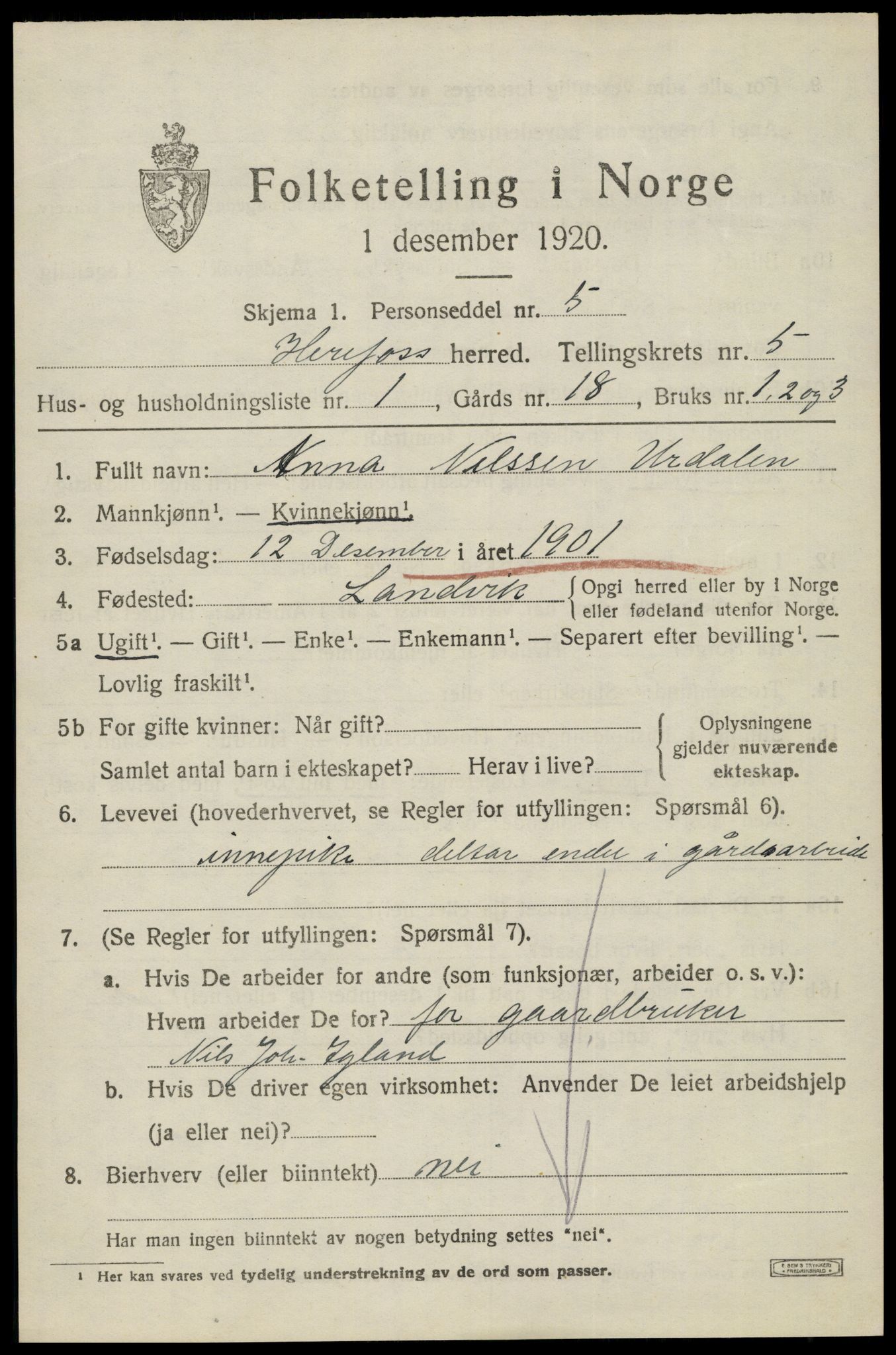SAK, Folketelling 1920 for 0933 Herefoss herred, 1920, s. 926