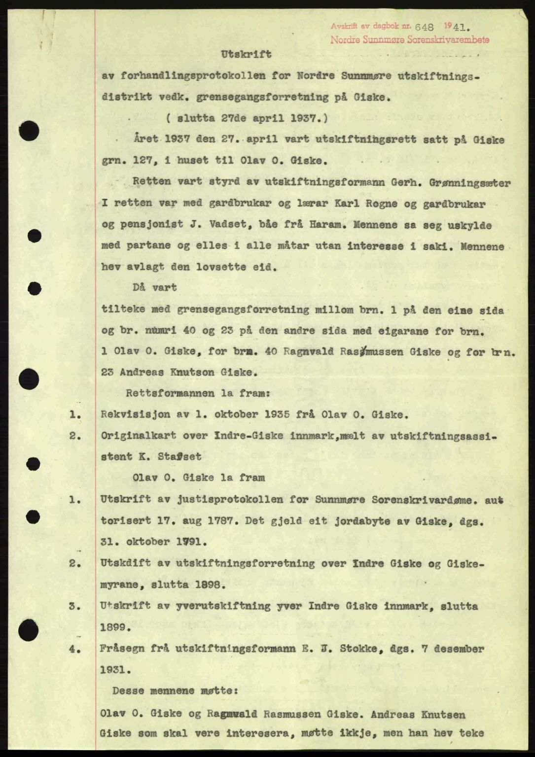 Nordre Sunnmøre sorenskriveri, SAT/A-0006/1/2/2C/2Ca: Pantebok nr. A10, 1940-1941, Dagboknr: 648/1941