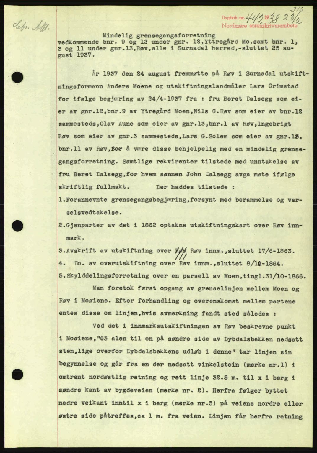 Nordmøre sorenskriveri, SAT/A-4132/1/2/2Ca: Pantebok nr. A83, 1938-1938, Dagboknr: 442/1938