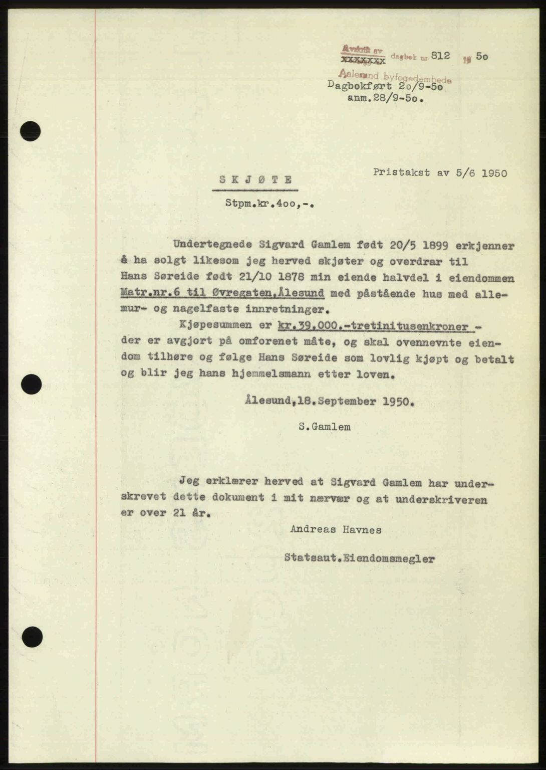 Ålesund byfogd, AV/SAT-A-4384: Pantebok nr. 37A (2), 1949-1950, Dagboknr: 812/1950