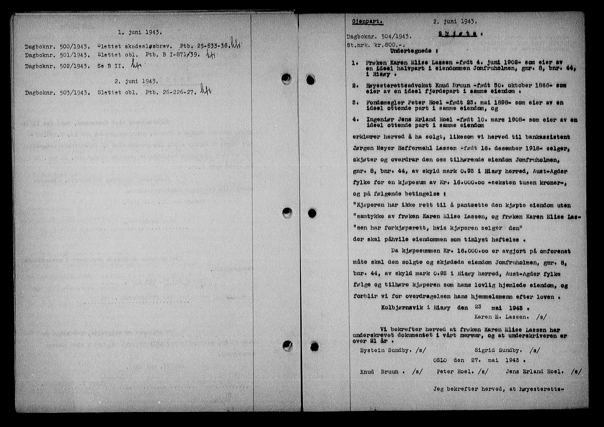 Nedenes sorenskriveri, AV/SAK-1221-0006/G/Gb/Gba/L0050: Pantebok nr. A-IV, 1942-1943, Dagboknr: 504/1943