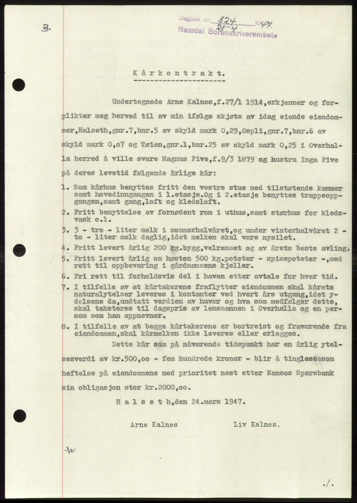 Namdal sorenskriveri, SAT/A-4133/1/2/2C: Pantebok nr. -, 1947-1947, Dagboknr: 824/1947