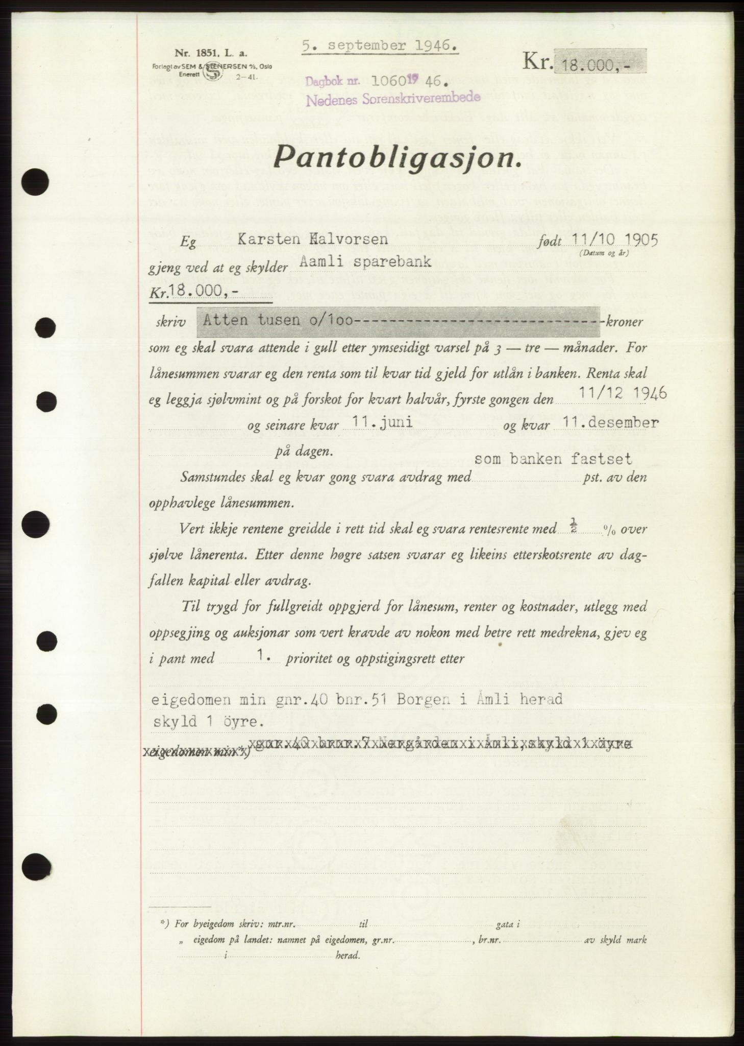 Nedenes sorenskriveri, SAK/1221-0006/G/Gb/Gbb/L0003: Pantebok nr. B3b, 1946-1946, Dagboknr: 1060/1946