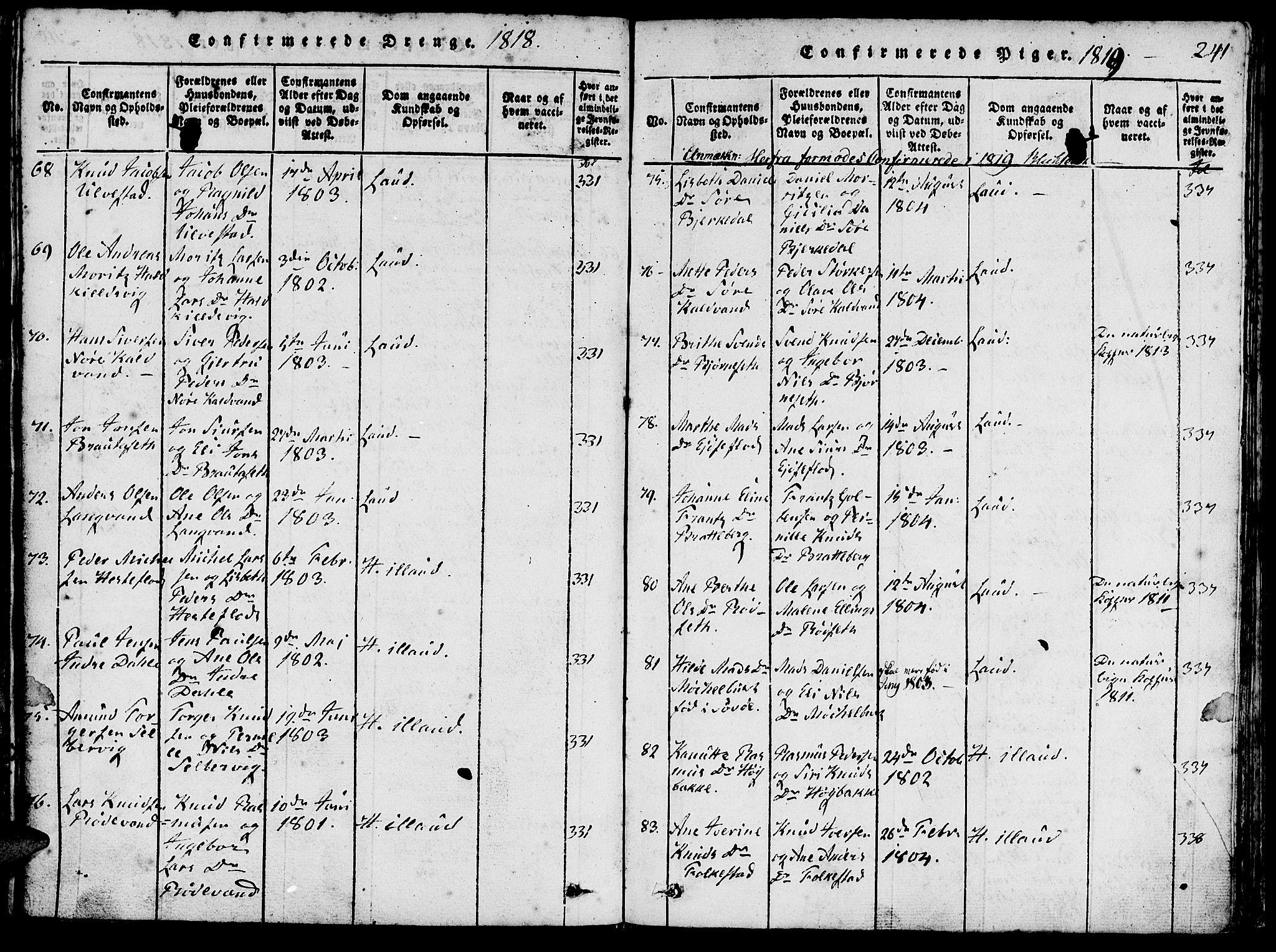 Ministerialprotokoller, klokkerbøker og fødselsregistre - Møre og Romsdal, SAT/A-1454/511/L0138: Ministerialbok nr. 511A05, 1817-1832, s. 241