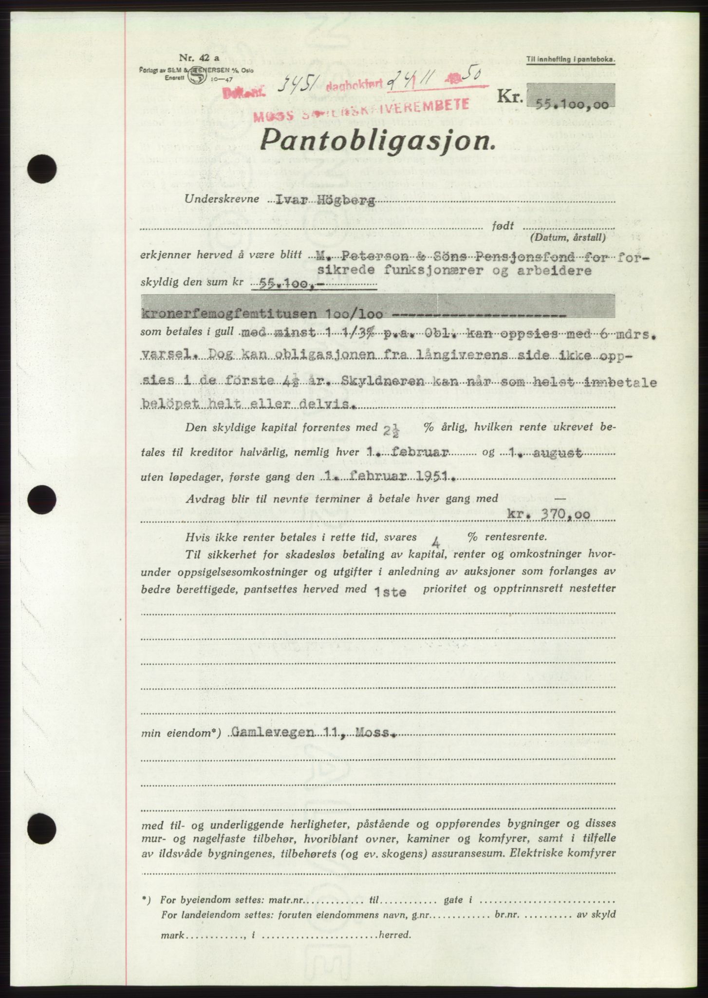 Moss sorenskriveri, SAO/A-10168: Pantebok nr. B25, 1950-1950, Dagboknr: 3451/1950