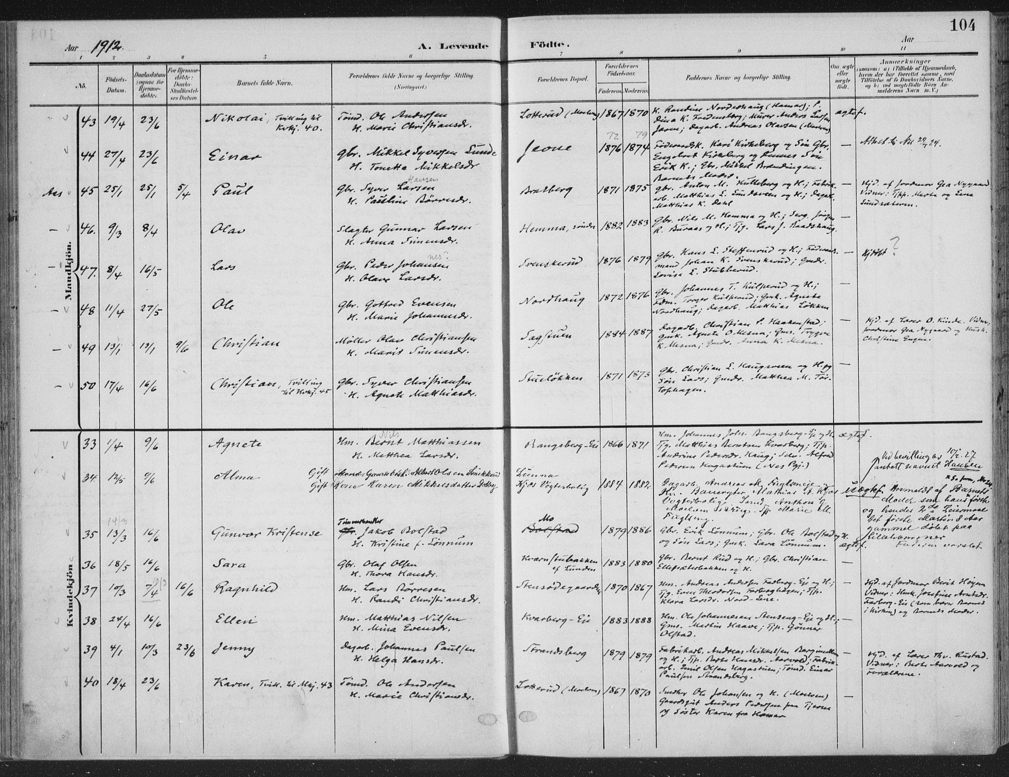 Ringsaker prestekontor, SAH/PREST-014/K/Ka/L0018: Ministerialbok nr. 18, 1903-1912, s. 104