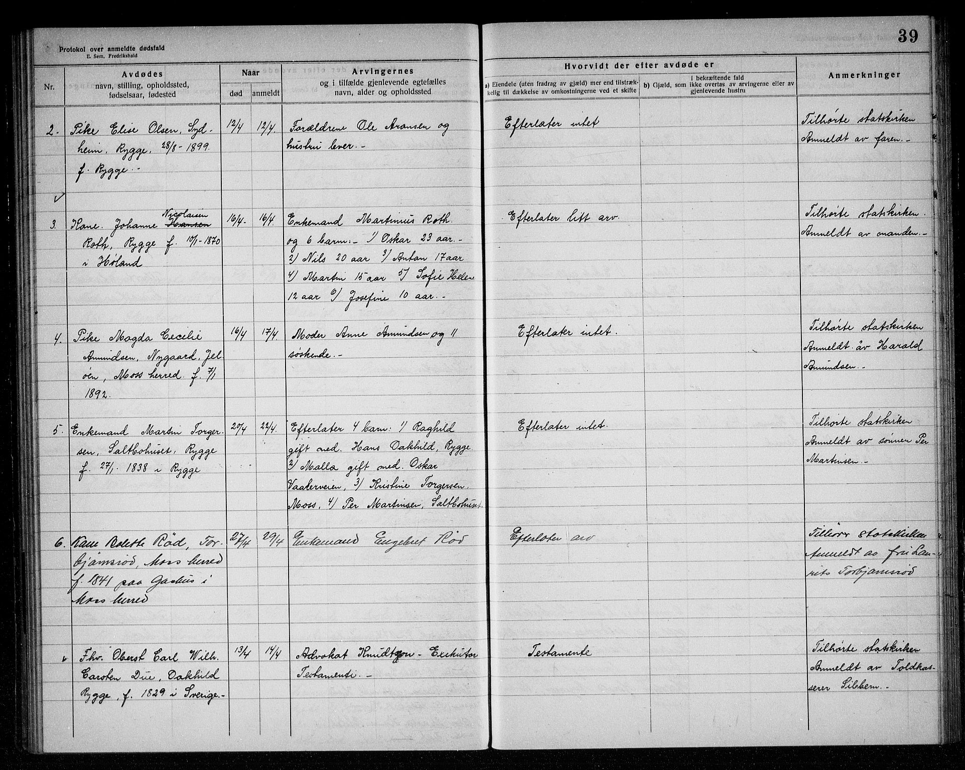 Rygge lensmannskontor, AV/SAO-A-10005/H/Ha/Haa/L0006: Dødsfallsprotokoll, 1916-1920, s. 39