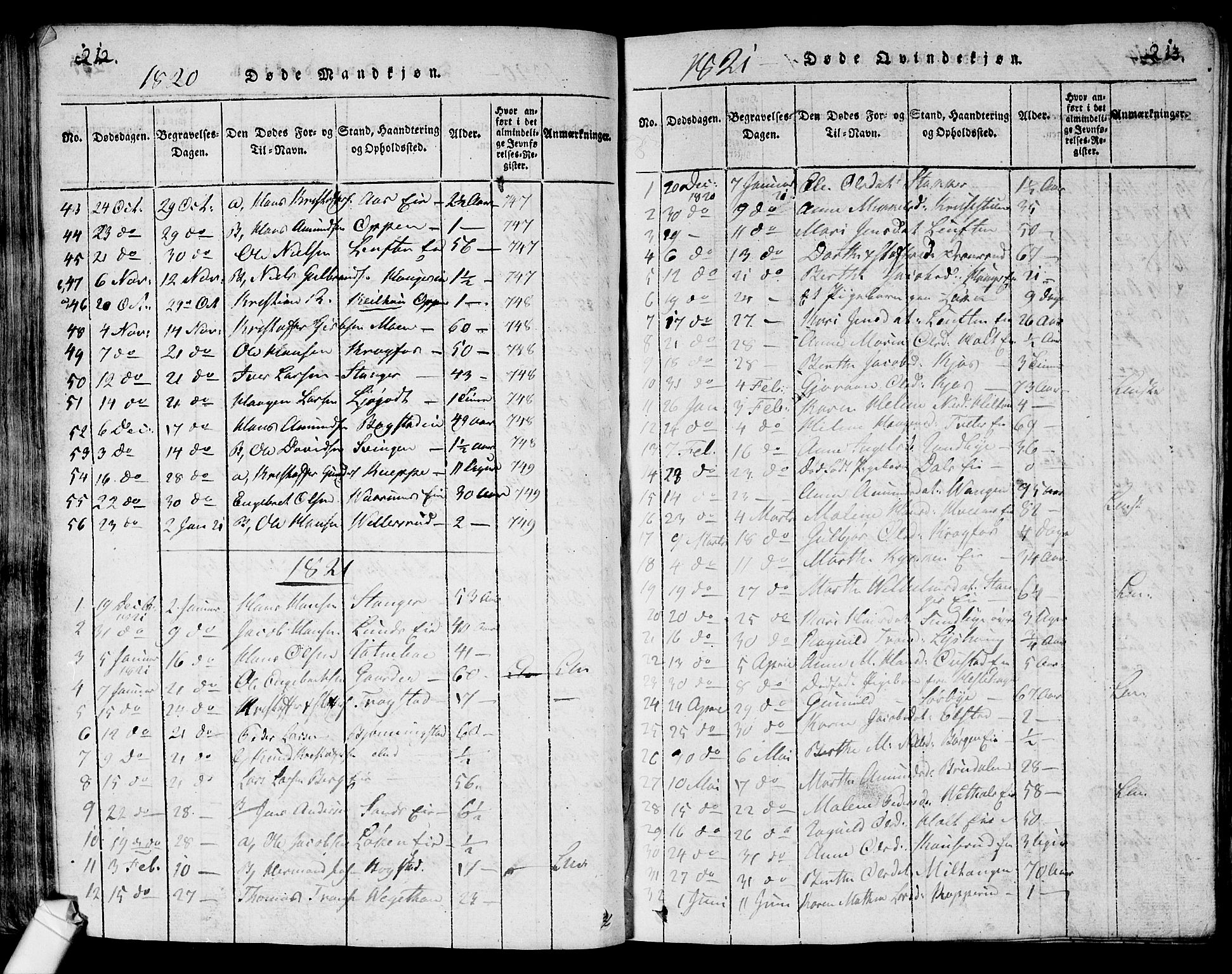 Ullensaker prestekontor Kirkebøker, SAO/A-10236a/G/Ga/L0001: Klokkerbok nr. I 1, 1815-1835, s. 212-213