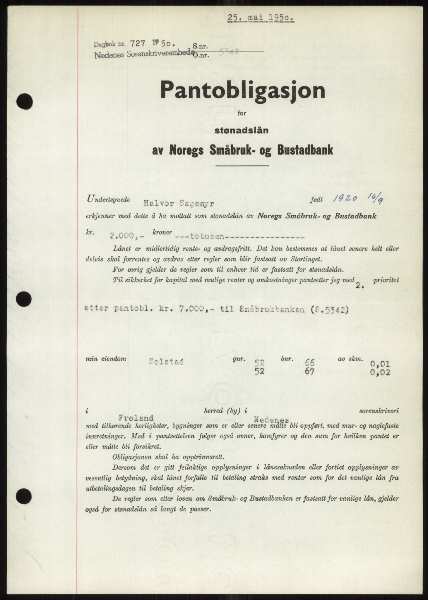 Nedenes sorenskriveri, SAK/1221-0006/G/Gb/Gbb/L0007: Pantebok nr. B7, 1949-1950, Dagboknr: 727/1950