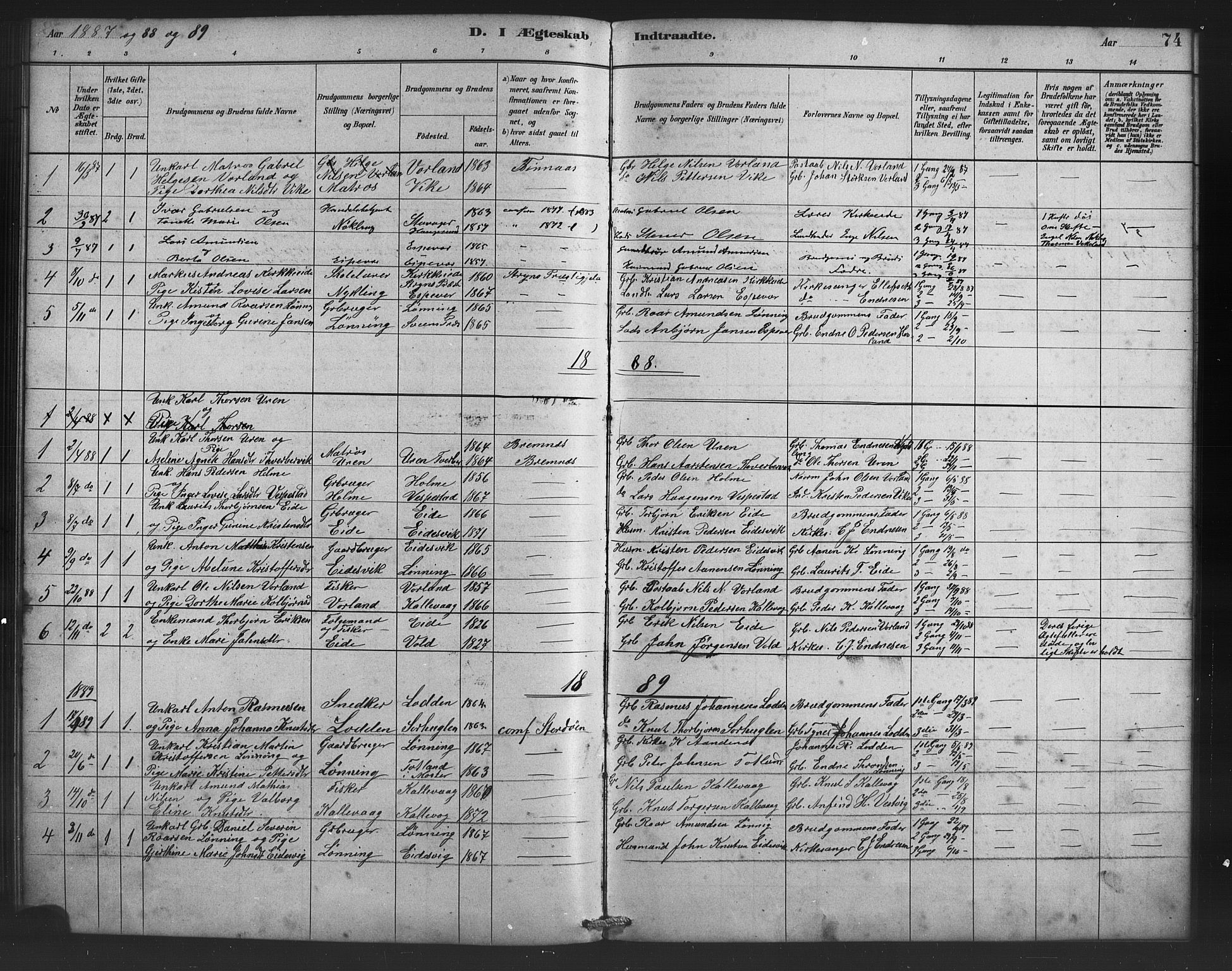 Finnås sokneprestembete, AV/SAB-A-99925/H/Ha/Haa/Haad/L0001: Ministerialbok nr. D 1, 1880-1894, s. 74