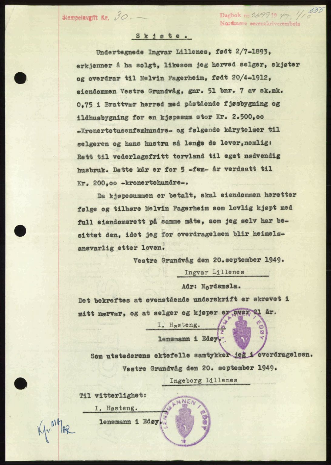 Nordmøre sorenskriveri, SAT/A-4132/1/2/2Ca: Pantebok nr. A112, 1949-1949, Dagboknr: 2699/1949