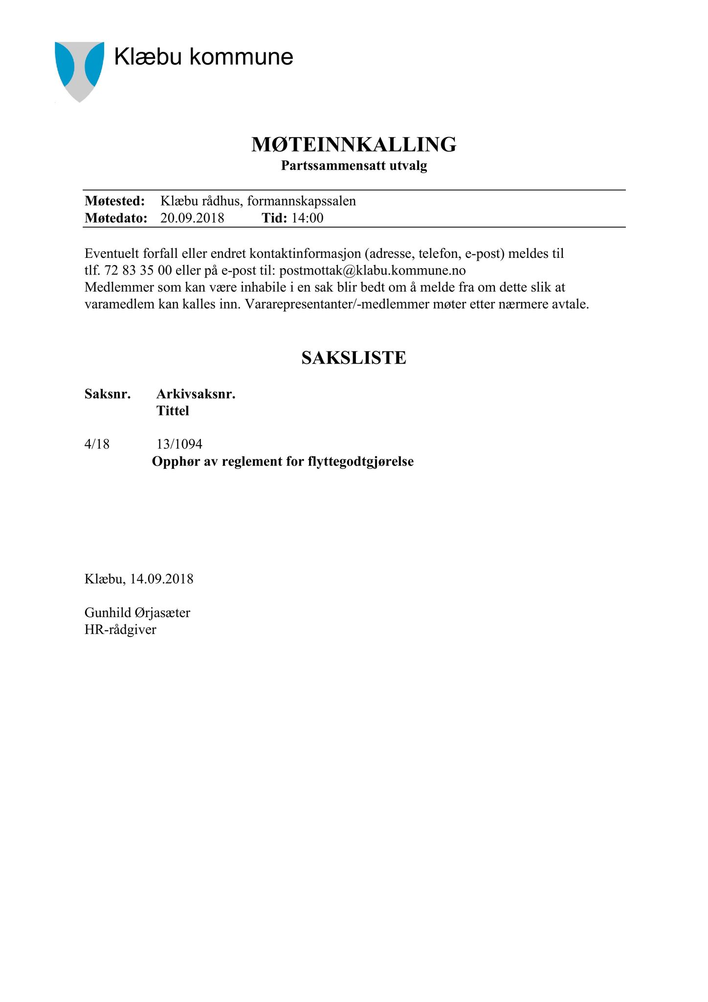 Klæbu Kommune, TRKO/KK/11-PSU/L003: Partssammensatt utvalg - Møtedokumenter, 2018, s. 20